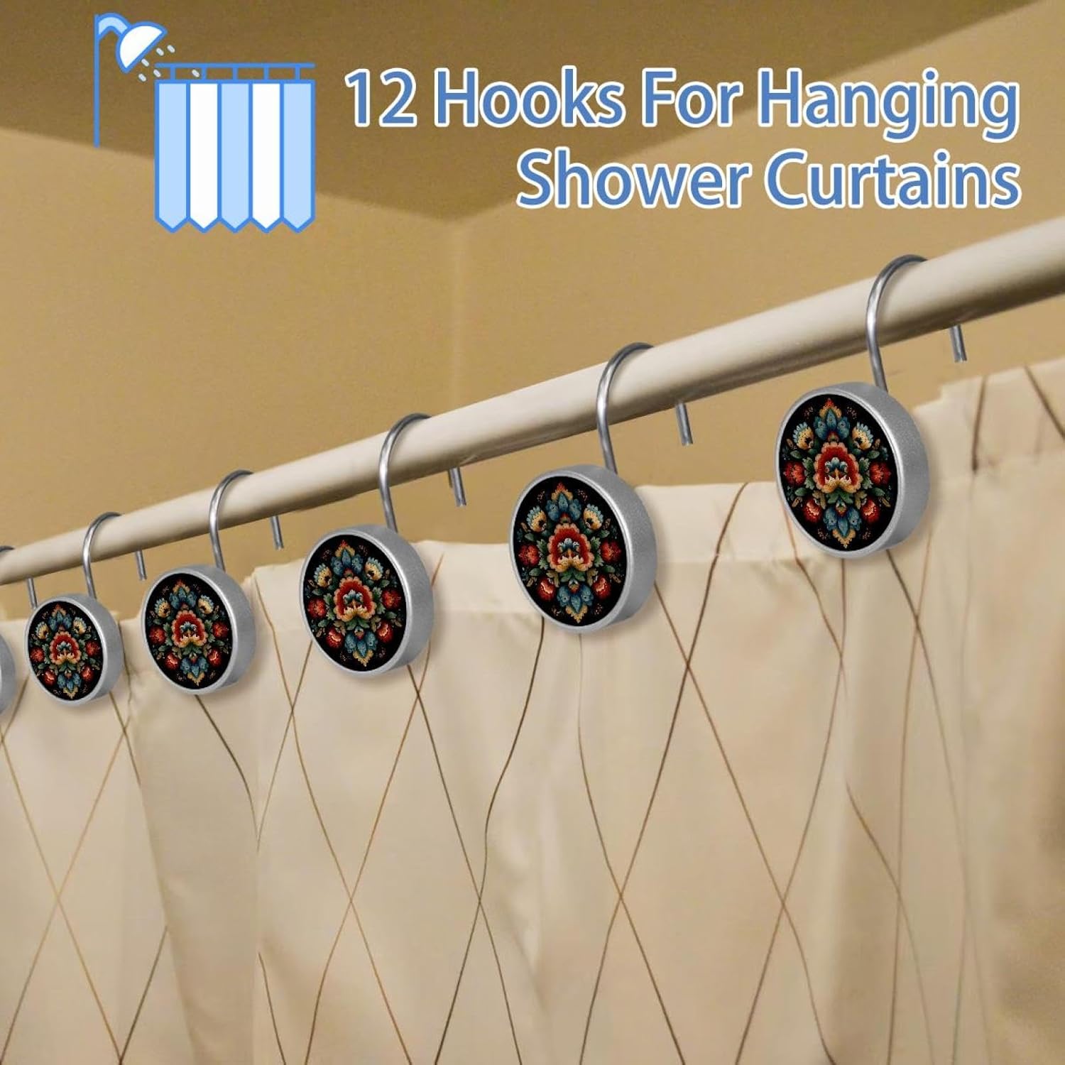 12PCS Norwegian Rosemaling Folk Style Flower (17) Shower Curtain Hooks Metal Rust Resistant Decorative Shower Curtain Hooks Bathroom Decorations