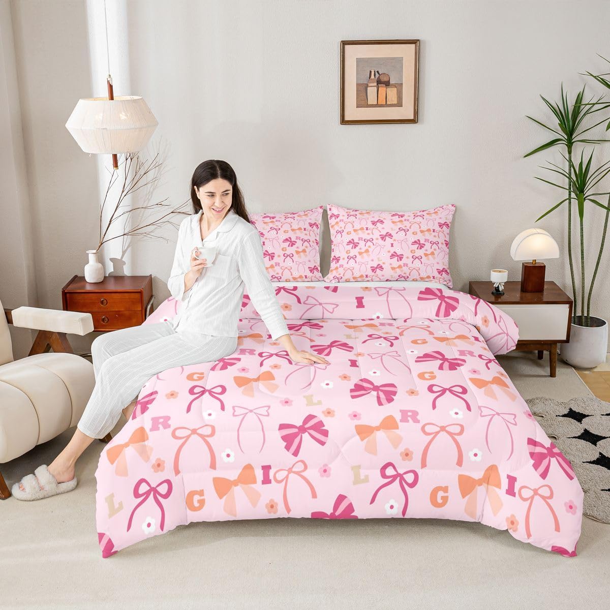 Feelyou Bow Bedding Set Soft for Boys Girls, Floral Comforter Set Twin Size Cute Bowknot Duvet Quilt Microfiber Kawaii Bedroom Decor Personalized Initial Letter 2 Pcs with 1 Pillow Cases