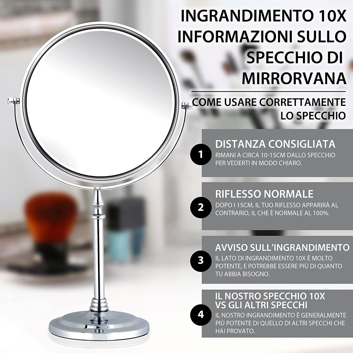 Mirrorvana Specchio da tavolo ingranditore 10X e 1X - specchietto telescopico da bagno per trucco e make up, specchio da appoggio 20 cm (cromato)