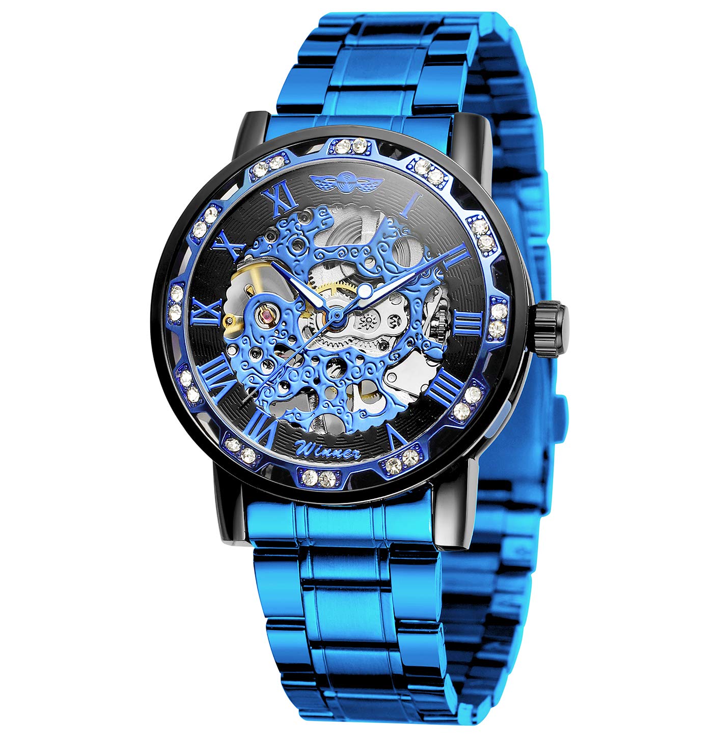FORSINING Orologio da polso meccanico con movimento a diamante e numeri romani, 05-Blu Nero, Orologio a scheletro, meccanico