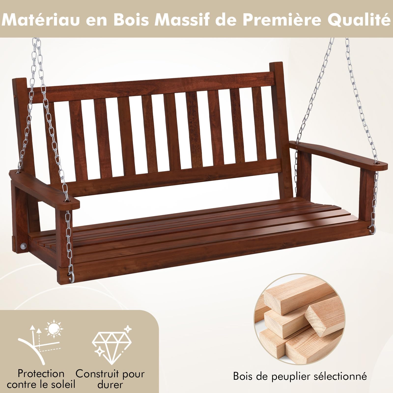 COSTWAY Balançoire Suspendue 3 Personnes Banc Extérieur Bois Massif Chaîne Réglable Charge 360KG Marron