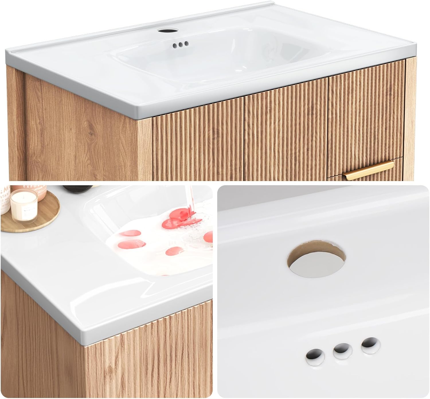 31.5'' Bathroom Vanity with Ceramic Single Sink Combo, Small Freestanding Bathroom Storage Vanity Cabinet with Drawer & Cabinet, Metal Handle, Natural Wood Color