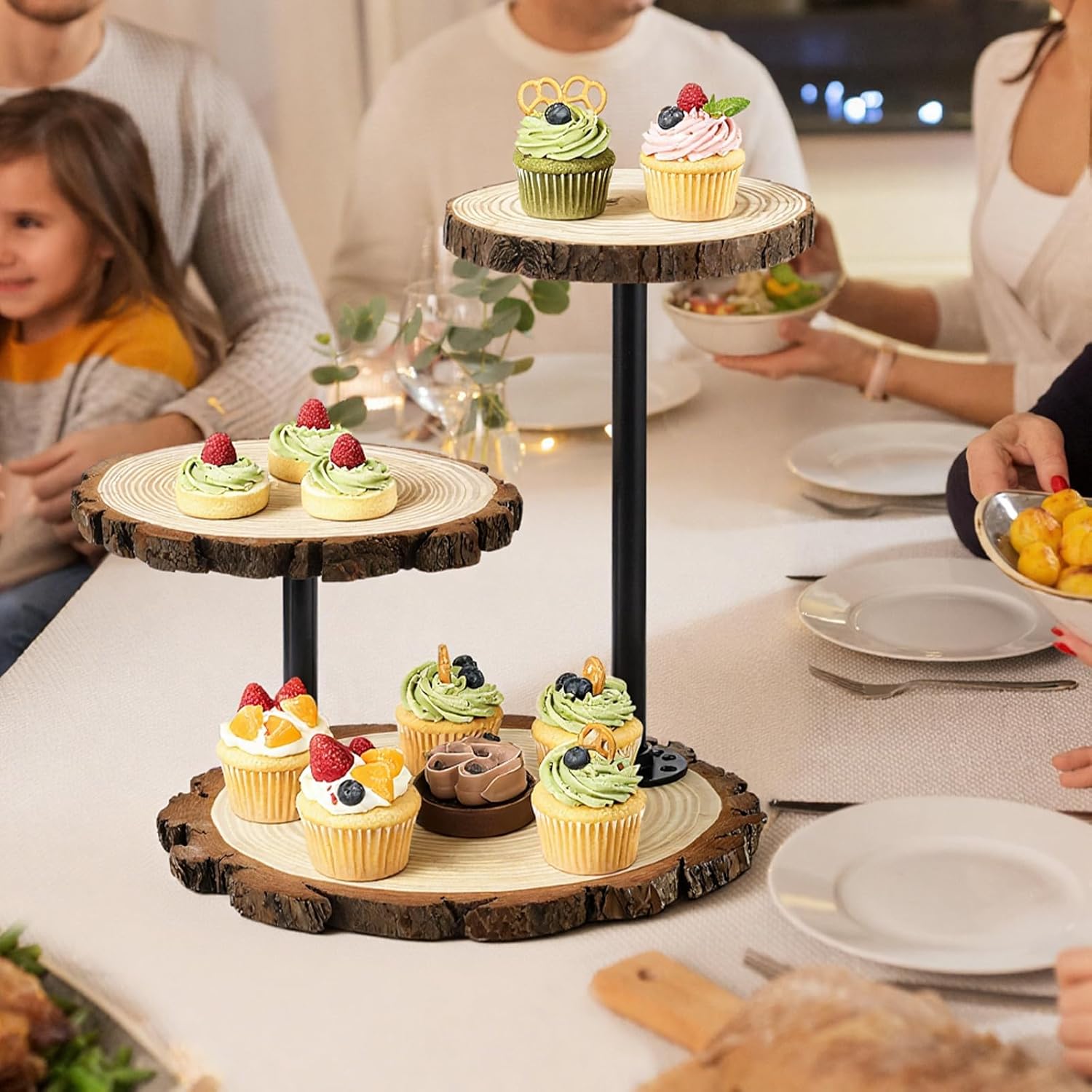 Chunful 3 Tier Round Natural Wood Cupcake Dessert Stand, Cup Cake Tower Stand Holder, Wooden Cake Display Tiered Centerpiece for Party, Birthday, Wedding, Baby Shower, Holiday Decoration