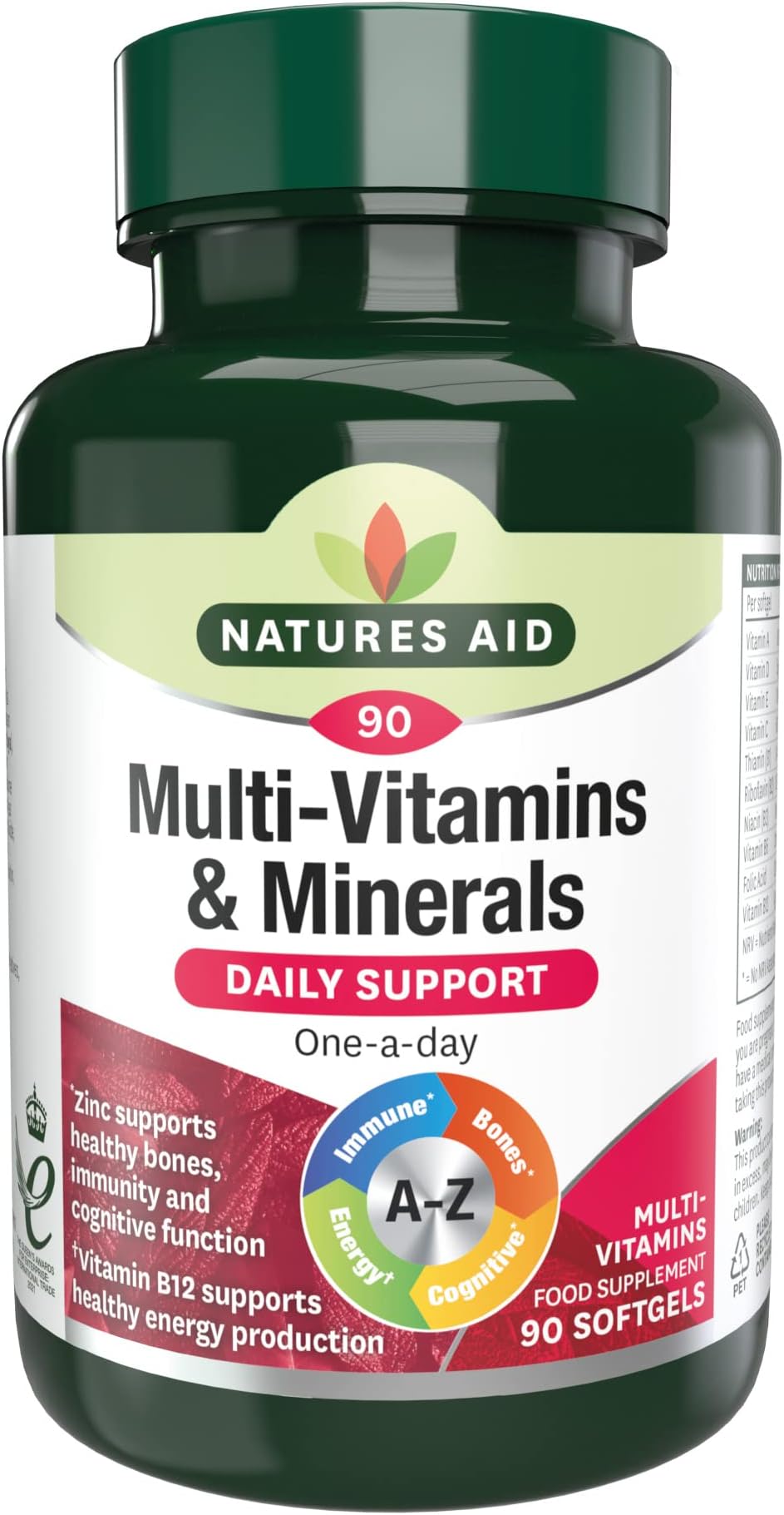Natures Aid Multivitamins & Minerals with Iron – High Strength One-a-Day Multi-Vitamin Formula – Supports Energy, Immunity & Bone Health – Non-GMO, Gluten-Free – 90 Easy-Swallow Softgel Capsules