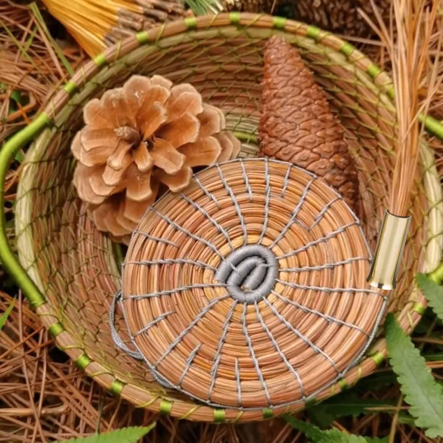 Pine Needle Basket Making Set with Gauge Coiling Tool, Waxed Thread, Needle and Thimble Ring, Long Noce Pliers for Basket Making Rattan Weaving Basketry (Gold Basket Making Set)