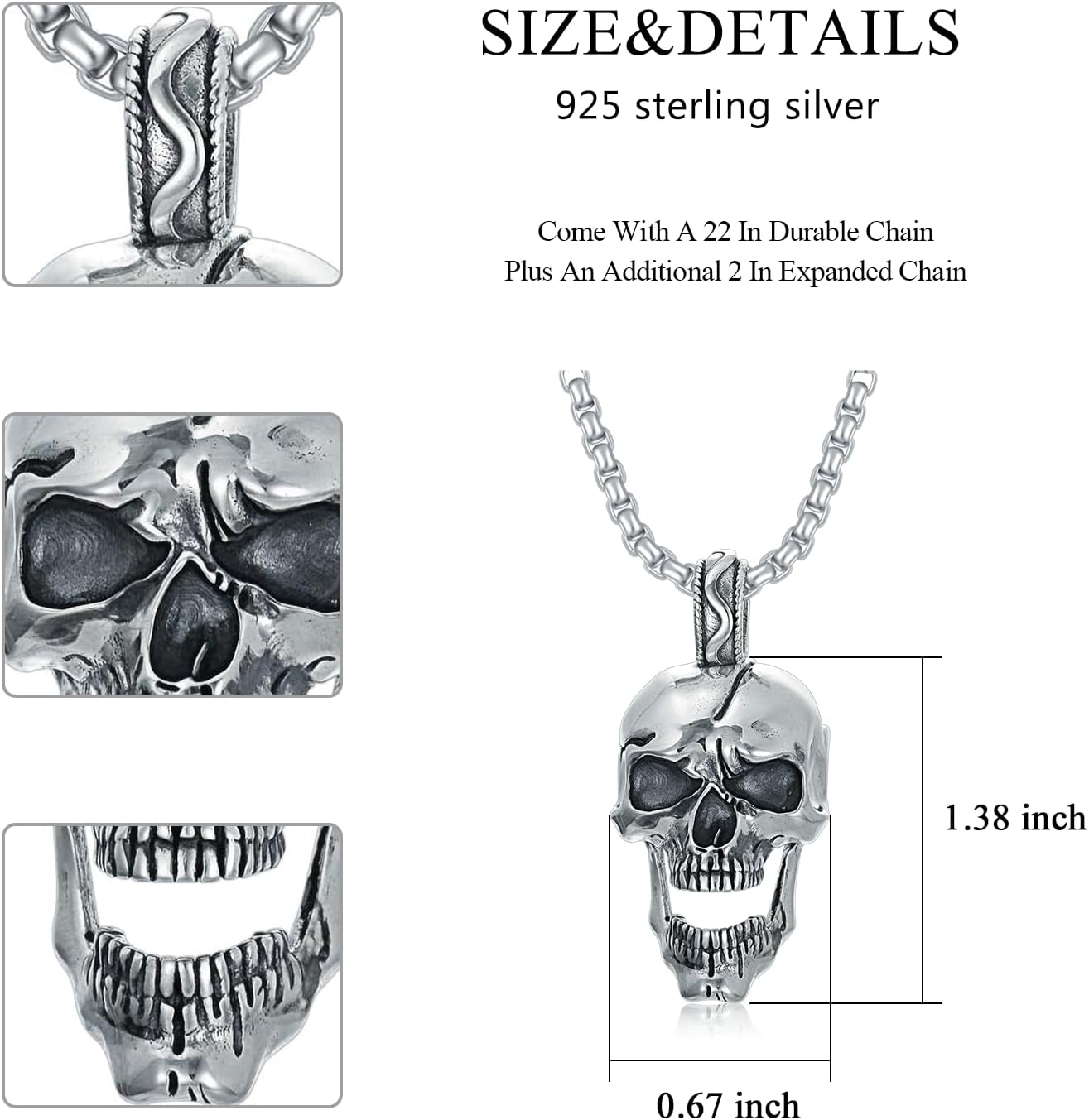 Skull Head Necklace 925 Sterling Silver/18K Gold Plated/Black Gothic Skull Jewelry for Men, with Stainless Steel Chain 22+2 Inch - Image 4