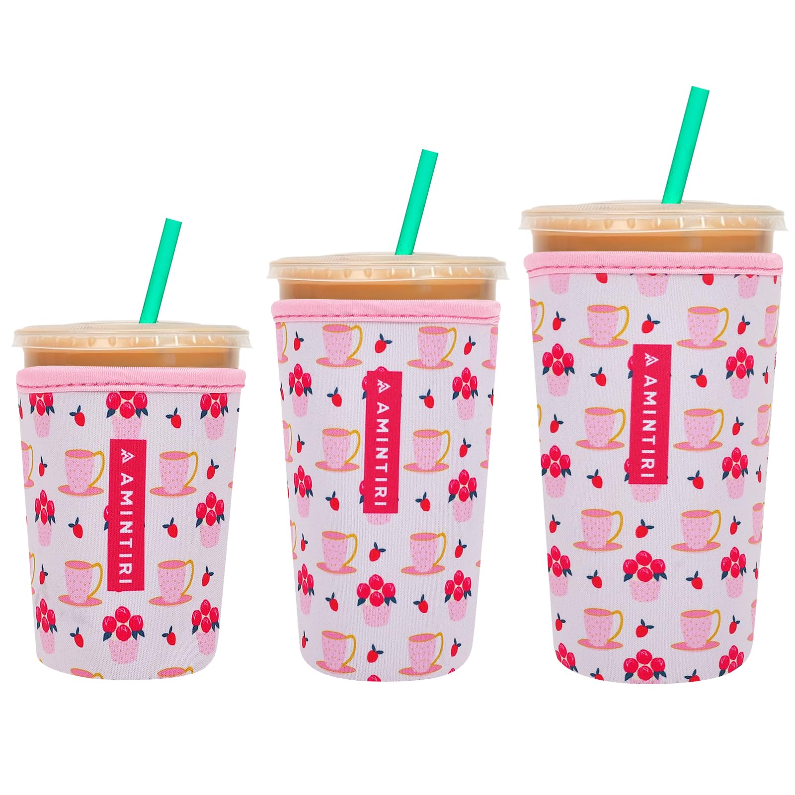 3 Pack Reusable Sleeve for Iced Coffee Cup, Coffee Neoprene Sleeve for Iced&amp;Hot Drinks, Coffee Sleeve Compatible with Starbucks, Dunkin Coffee Cup. (Cherry&amp;Cup)