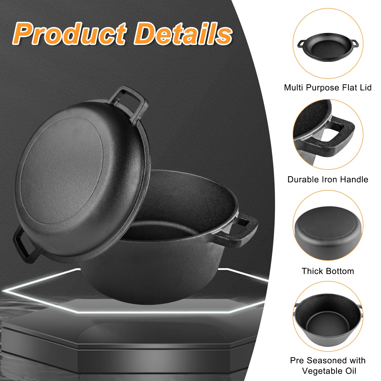 Olla de Hierro Fundido 26 cm, Para Hornear Pan Olla con Cesta de Fermentación, Horno Holandés 2 en 1, Sartén Robusta Para Hornear Pan, para Camping, Cocina, Casera, Barbacoa, Bake