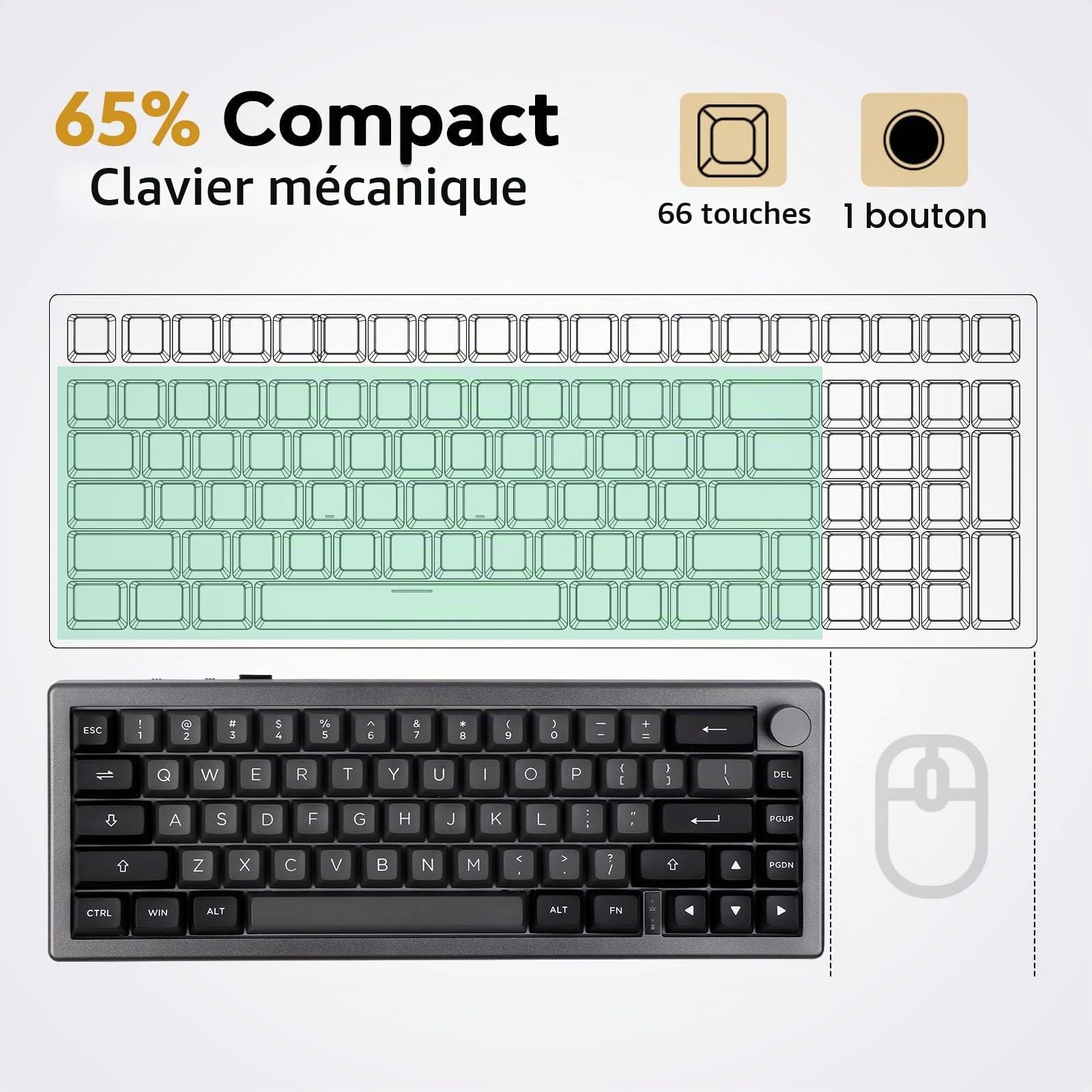 EPOMAKER EK68 Clavier Mécanique SansFil/Bluetooth/USB-C. Clavier 65% avec Batterie 3000mAh, Bouton de Volume, RGB, HotSwap, pour Gaming/Bureau/PC/Mac/Linux ((US) Argent Noir, Wisteria Linear Switch)