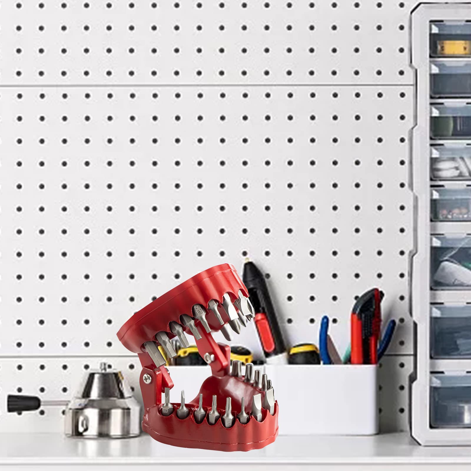 Denture Porte-embout Denture Drill Bit Holder avec 28 forets pour foret dentaire, porte-foret pour prothèses (rouge)