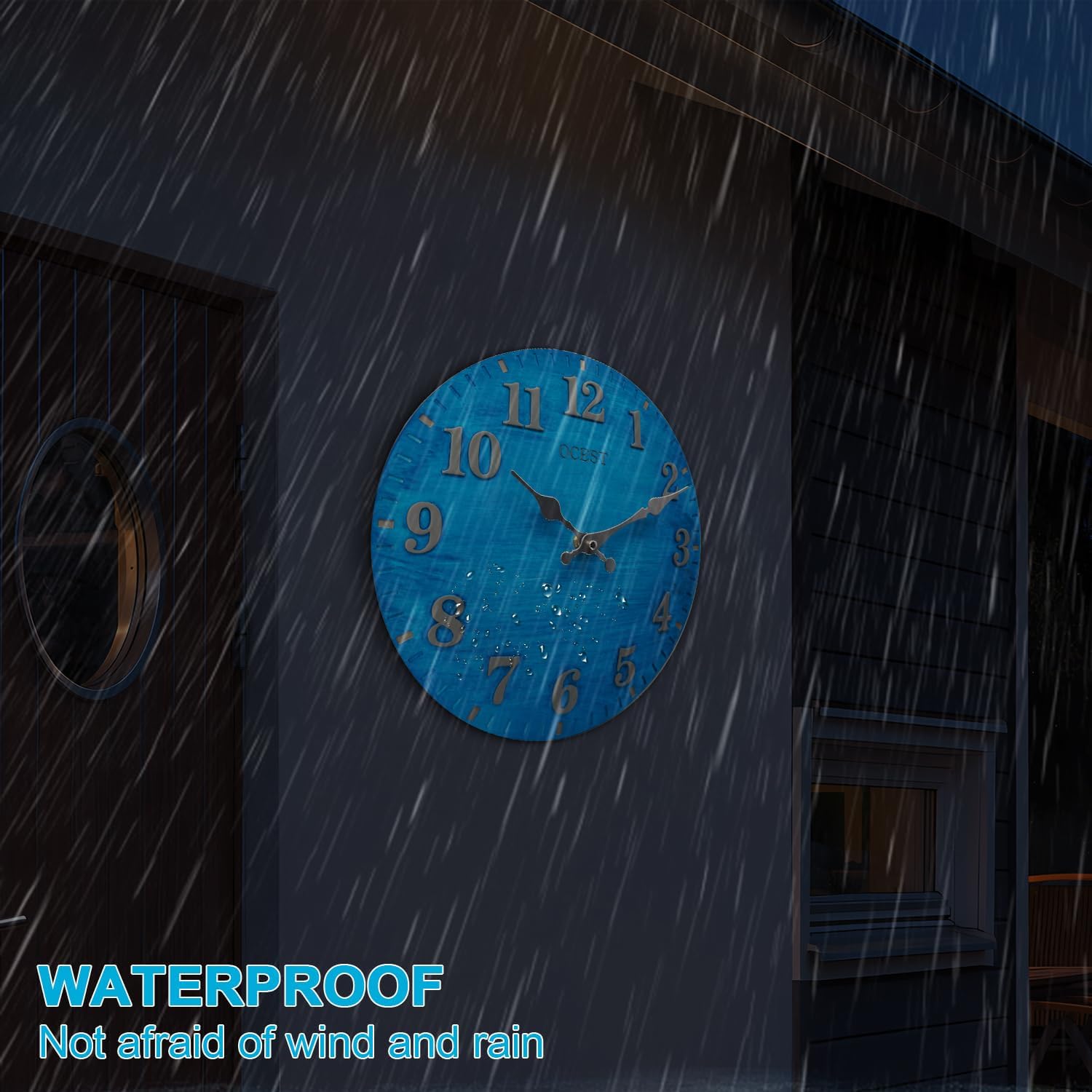 OCEST 12 Inch Indoor Outdoor Clock, Waterproof Resin Outdoor Wall Clock, Silent Non-Ticking Battery Operated Decor for Garden Pool Patio (Blue)