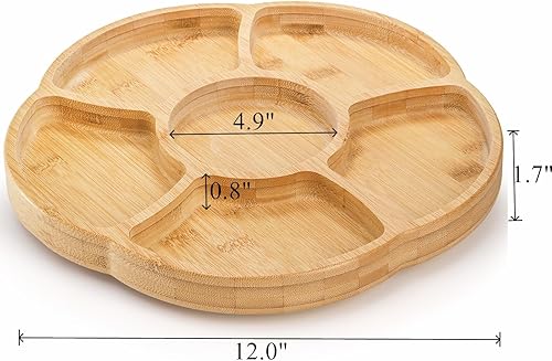 Miniatura 2 de Cididu Bandeja de comida de bambú, bandeja para servir Lazy Susan de 12 pulgadas, platos divididos para aperitivos, bandeja giratoria de 360,