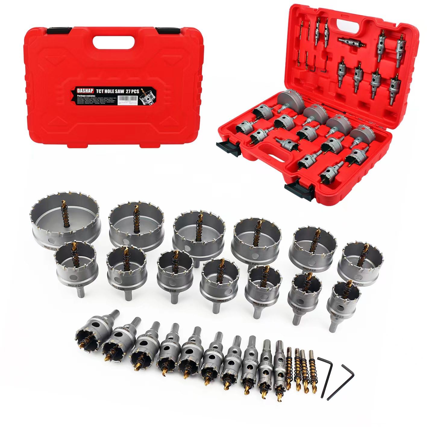 dashap 27PCS Hole Saw Kit with Drill Bits, Tungsten Carbide Hole Saw Set for Hard Metal and Stainless, Cutting Diameter Within 5/8'' to 3-15/16''