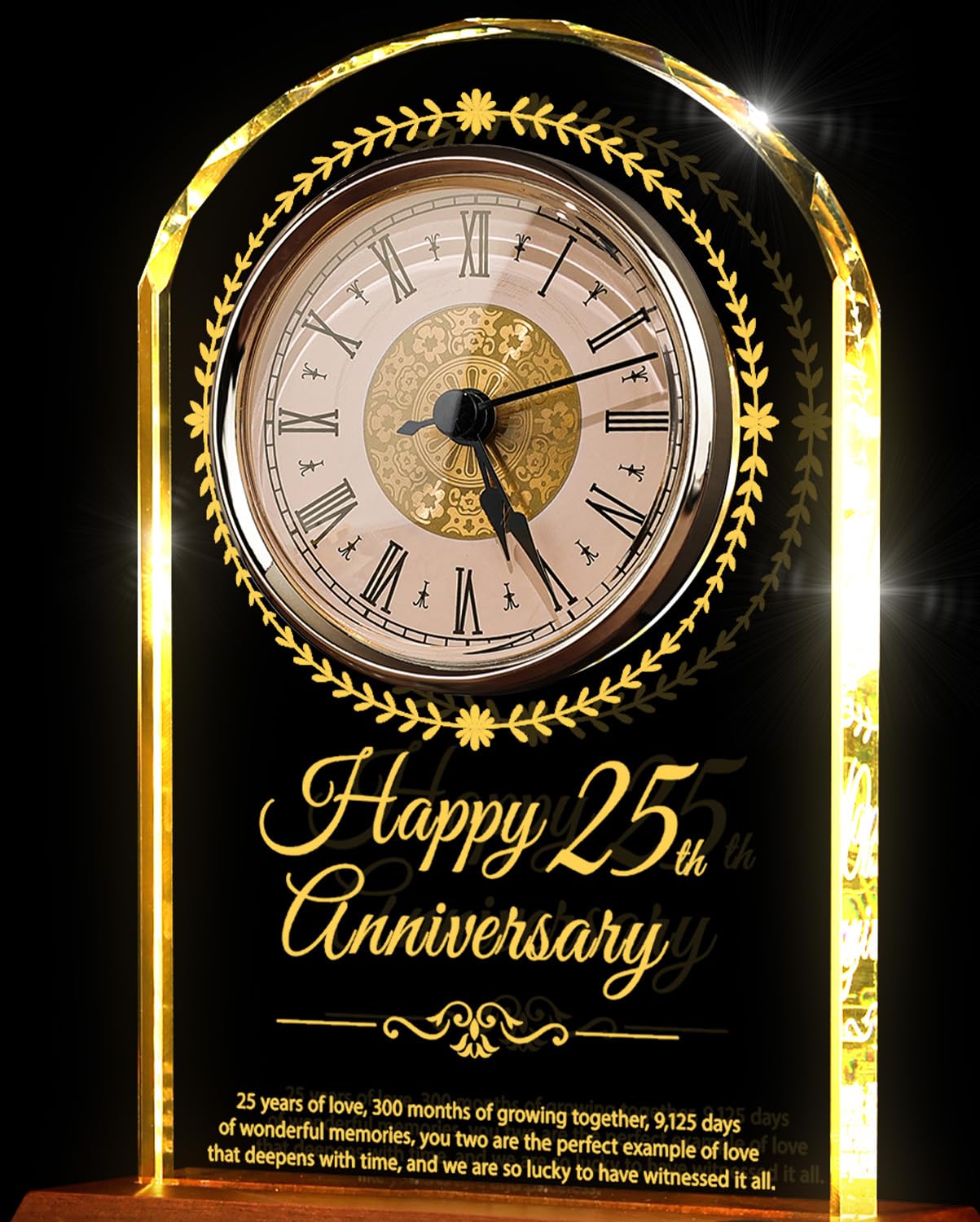 25th Wedding Anniversary Crystal Quartz Clock with Wooden Light Base,25 Years of Marriage Gift,Happy Silver Anniversary Decoration Gift,for Parents,Grandparents,Couple