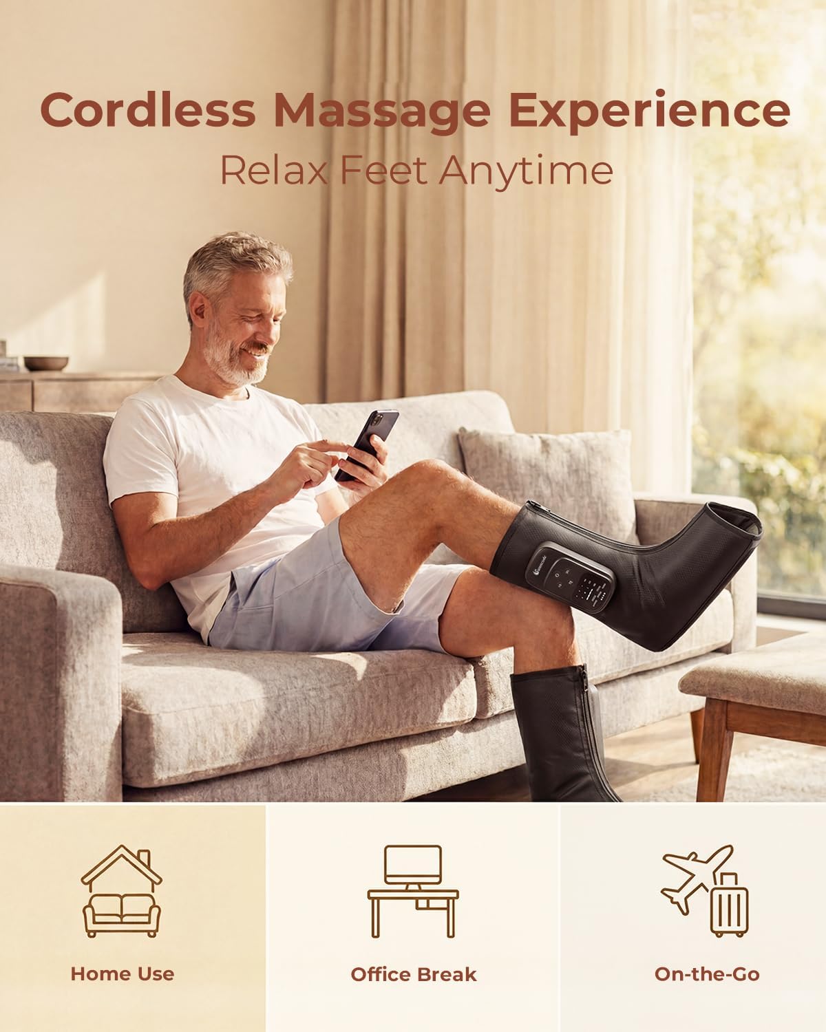 Foot Massager with Air Compression and Heat, Portable Cordless Ankle and Calf Massager with 5 Modes & 5 Intensities, Lightweight Compression Boots for Muscle Relaxation (FootSoothy Pro 2PCS)