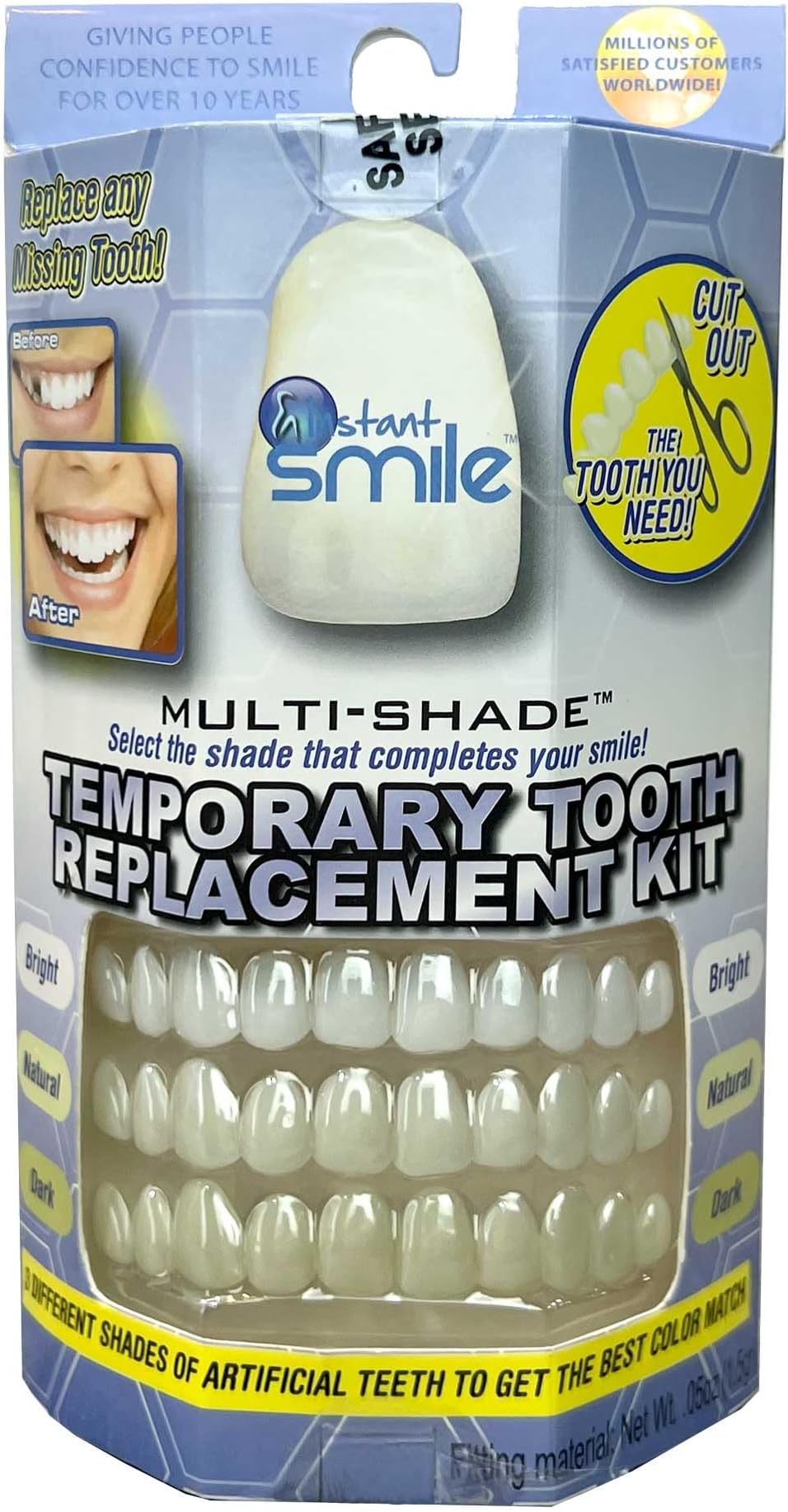 Instant Smile Multishade Temporary Tooth Repair Kit, Missing Tooth Replacement Kit, Bright Natural and Dark Shades, Patented Tooth Repair, 30 False Teeth