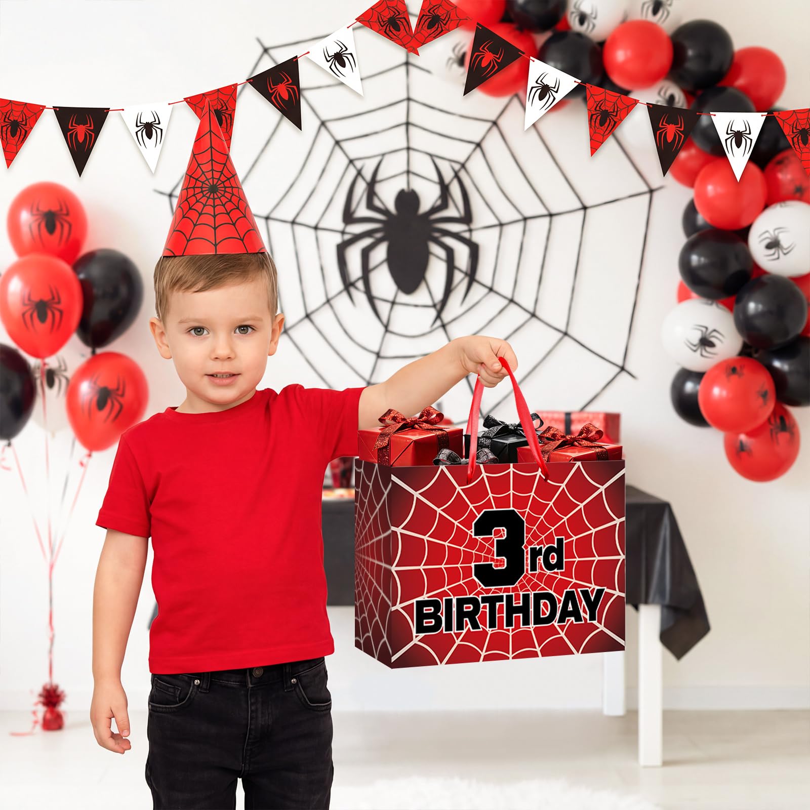MOORIIY Spider 3rd Birthday Gift Bag with Card and Wrapping Paper, Spider 3rd Birthday Wrapping Paper Bag for Boys Red Black 3 Years Old Spider Web Bdy Decorations Supplies 11.8 x 9.4 x 5.3 inches