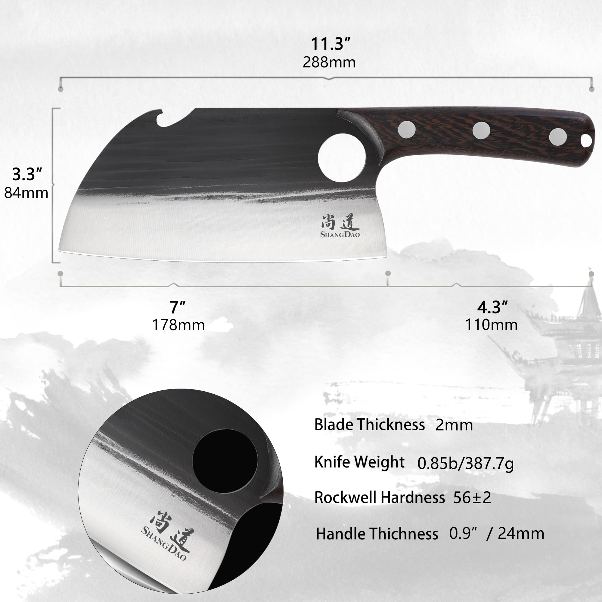 SHANGDAO Deba Knife 17.8cm, handgeschmiedetes Metzgermesser, German Stainless Steel, Wooden Handle