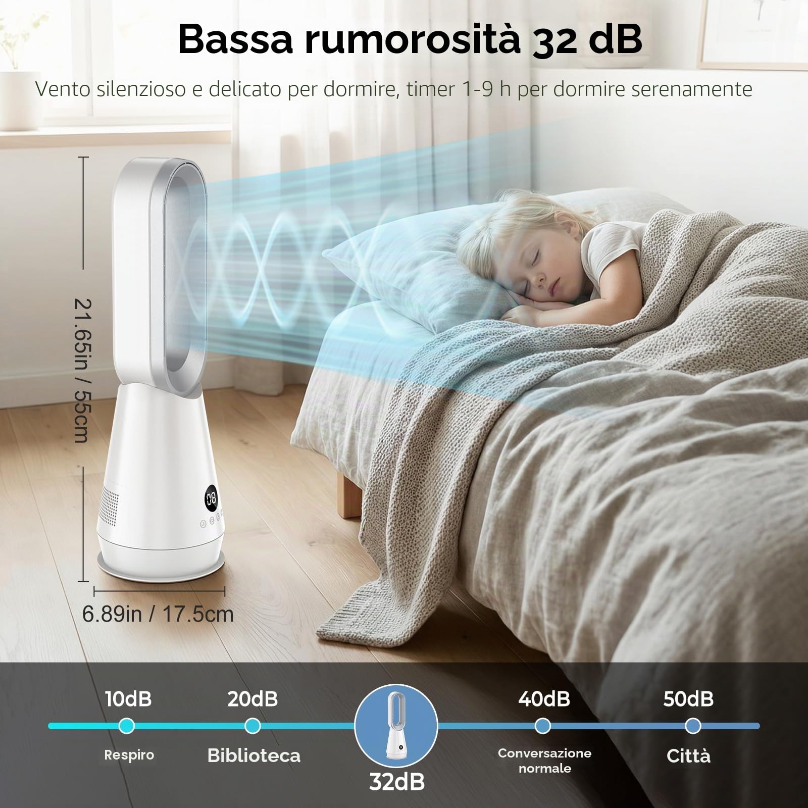 Ventilatore Senza Pale, Ventilatore a Torre con Telecomando, 8 Velocità Della Ventola, Motore Brushless, Oscillazione Orizzontale di 80°, Display a LED e 9H Timer, Ideale per Camera da Letto (C)