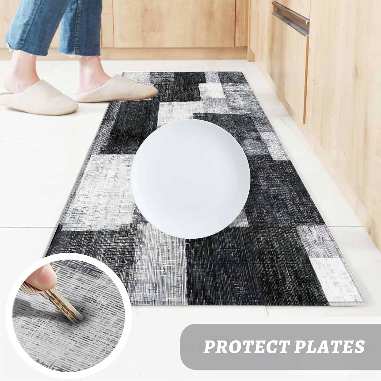 Teamery Kitchen Mats for Floor Modern Black Gray White Gradient Washable Non Slip Kitchen Rugs 1PCS, Abstract Color Block Absorbent Standing Mats for Sink Bathroom Office Living Room 15.7x47.2in