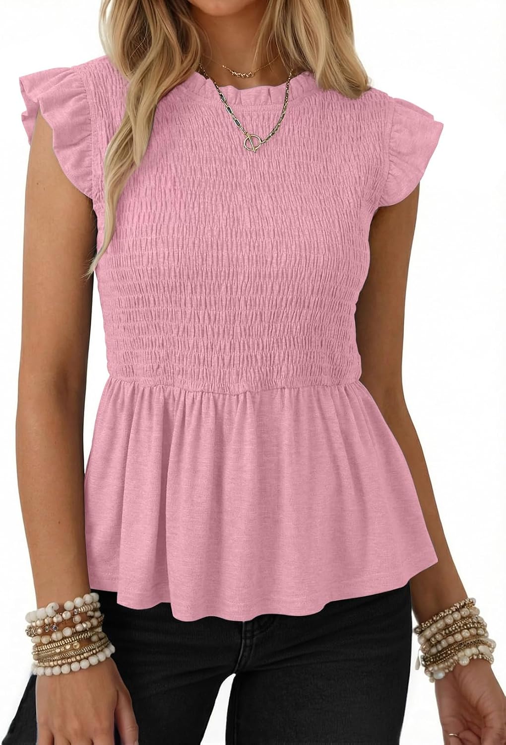 SHEWIN Womens Blouses Peplum Babydoll Summer Tops Ruffle Sleeve Dressy Casual Elegant Ladies Solid Shirts Spring Clothes