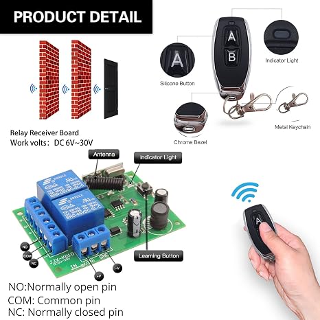 DieseRC DC 12V 24V 30V Güvenli Uzaktan Kumanda Anahtarı Evrensel Kablosuz 433Mhz rf 10A Röle Alıcı Kartı ile 2 Verici Anahtarlık, Motor, Işık, Kapı kapısı, DIY Kablosuz Denetleyici