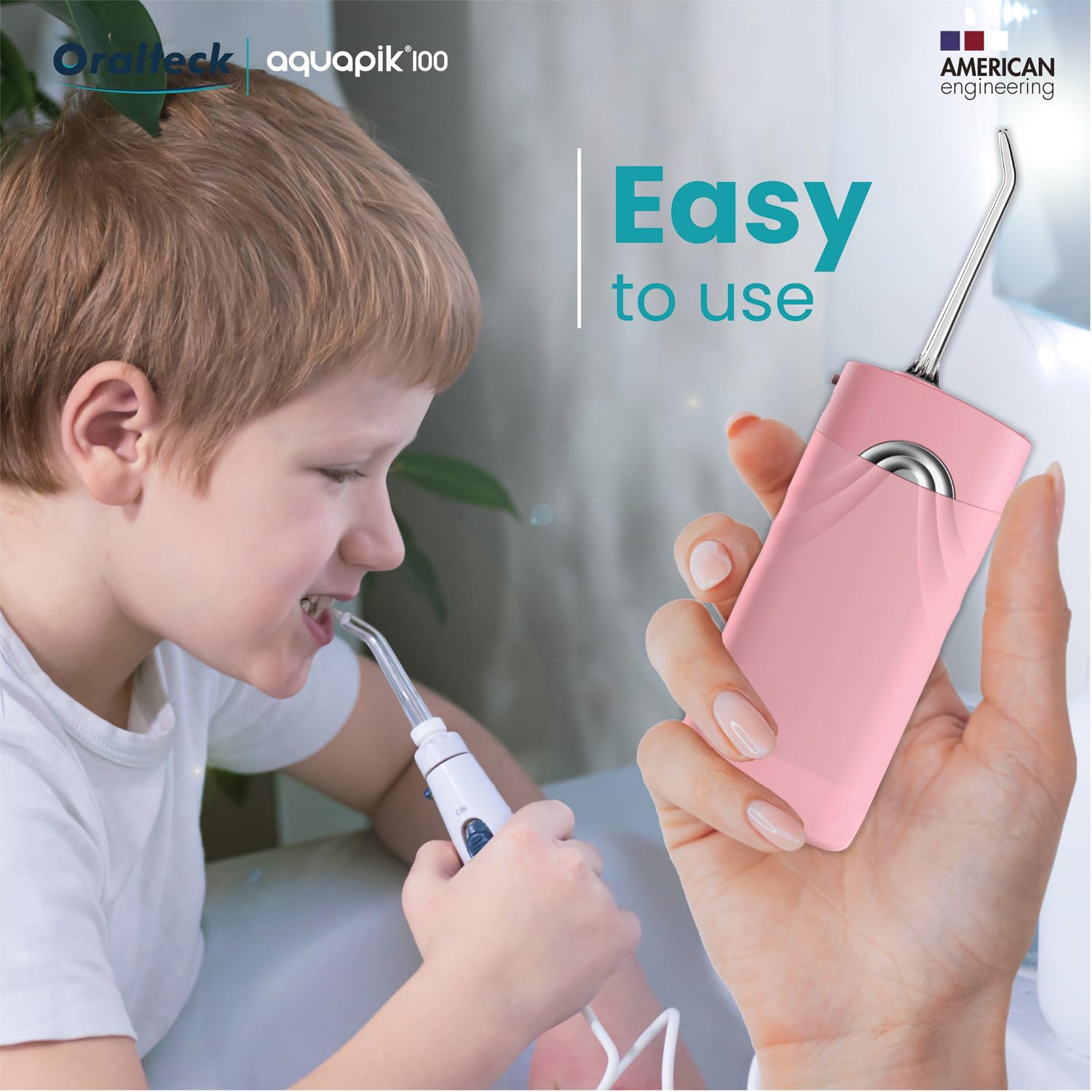 Aquapik® DUO irygator do jamy ustnej Aquapik® 100 Desktop + Aquapik® Mini, przenośny, zalecany przez dentystów + środek do usuwania płytki nazębnej + pielęgnuje implanty i ortodoncję, głęboka higiena