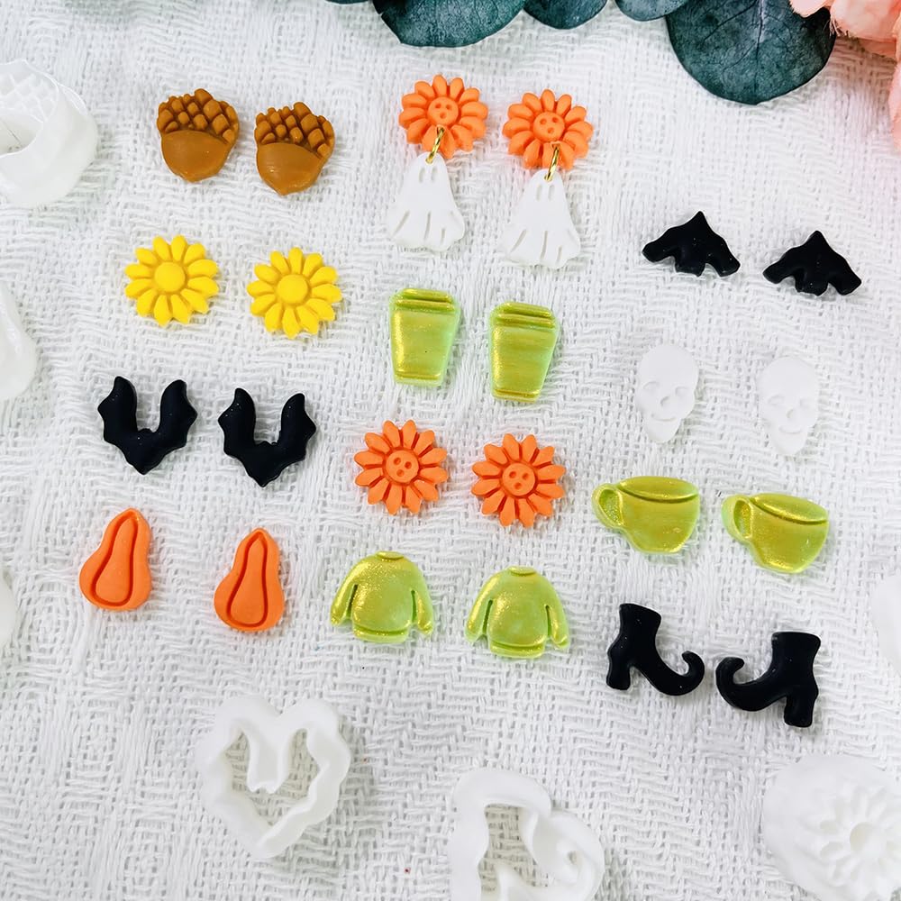 12PCS Mini Halloween Clay Cutters for Polymer Clay Jewelry – Small Clay Earring Cutters, Fall Pumpkin Coffee Boot Shapes, Polymer Clay Tools & Molds Kit