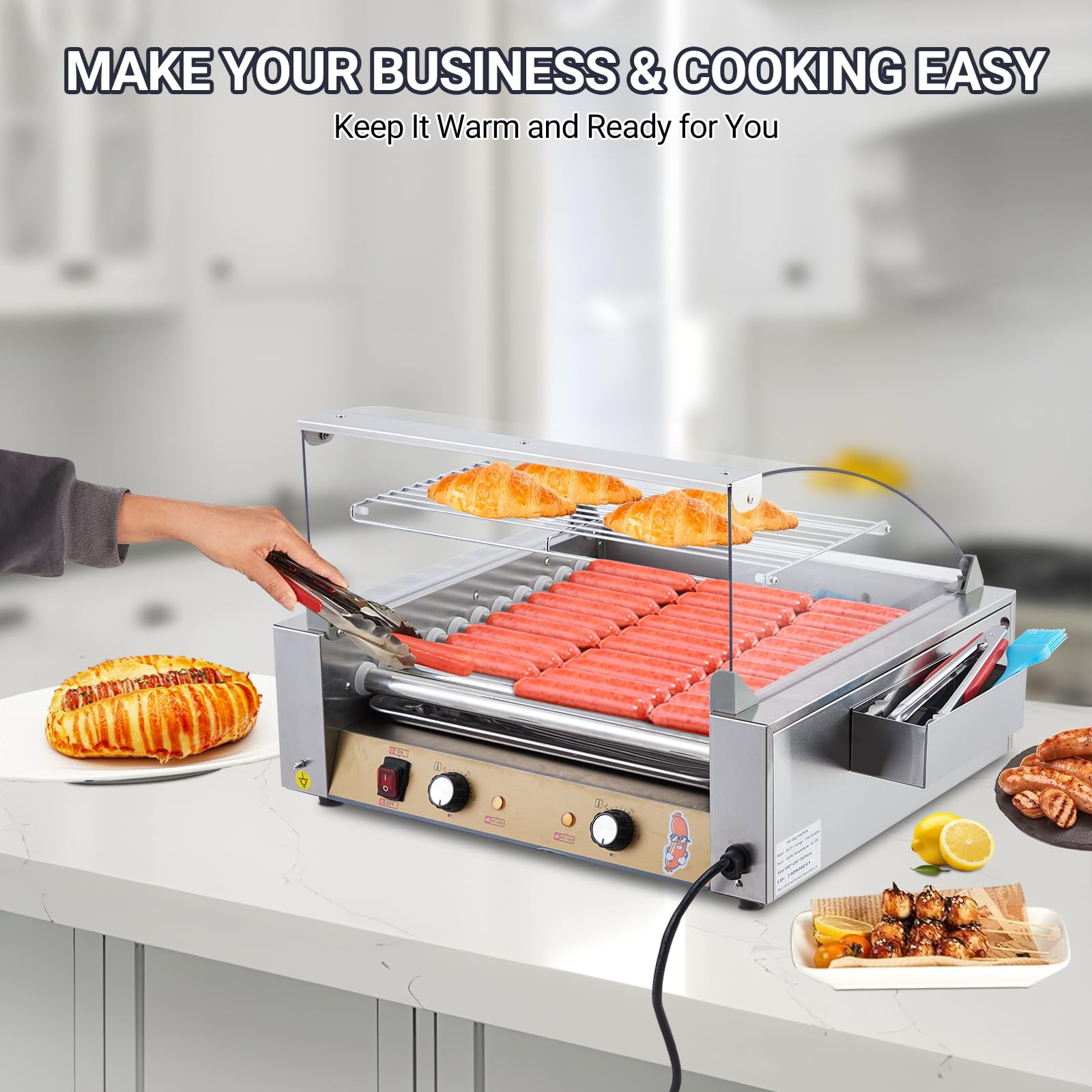 Hot Dog Roller - Sausage Grill Cooker Machine, Stainless Steel Hotdog Roller Grill and Bun Warmer With Glass Cover & Removable Drip Tray, Dual Temp Control, for Commercial Household (11 Roller 1650W)