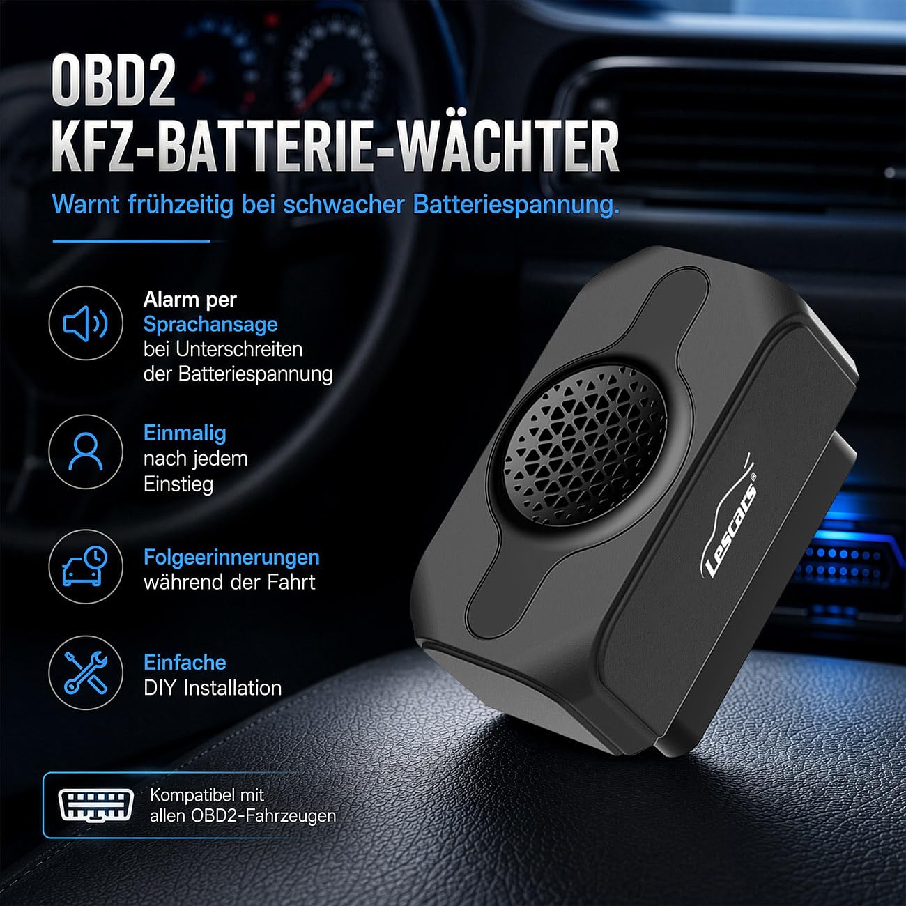 Lescars OBD2-Batteriewächter: 2er-Set OBD2-Kfz-Batterie-Wächter, Sprachansage bei niedriger Spannung (Fahrzeug-Batteriewächter für 12 V, Batterie Spannungsalarm)