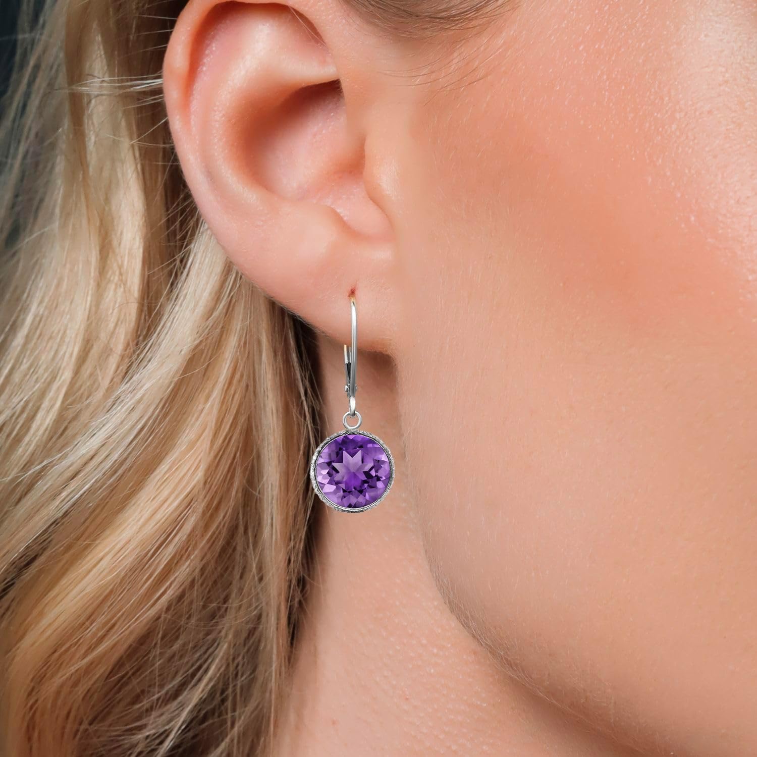 Gem Stone King 12.00 Cttw Round Amethyst 925 Sterling Silver Leverback Dangle Earrings For Women | Gemstone Birthstone | Round 12MM - Image 3