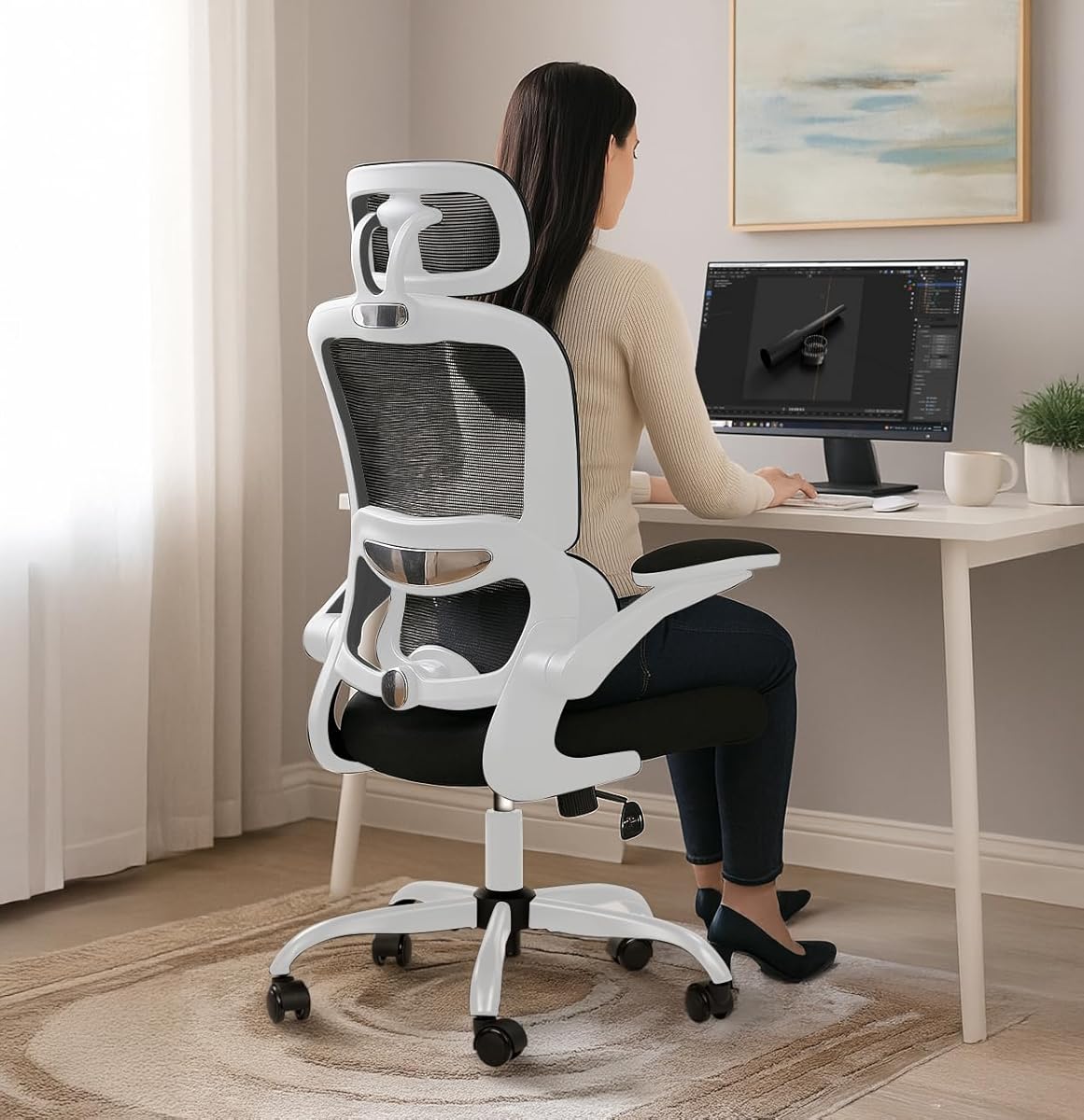 DROGO Premium Ergonomic Office Chair for Work from Home, High Back Computer Chair with Adjustable Seat, Lumbar Support &amp; Headrest, Flip-up Armrest &amp; Recline | Mesh Chair for Office/Home (White-Black)