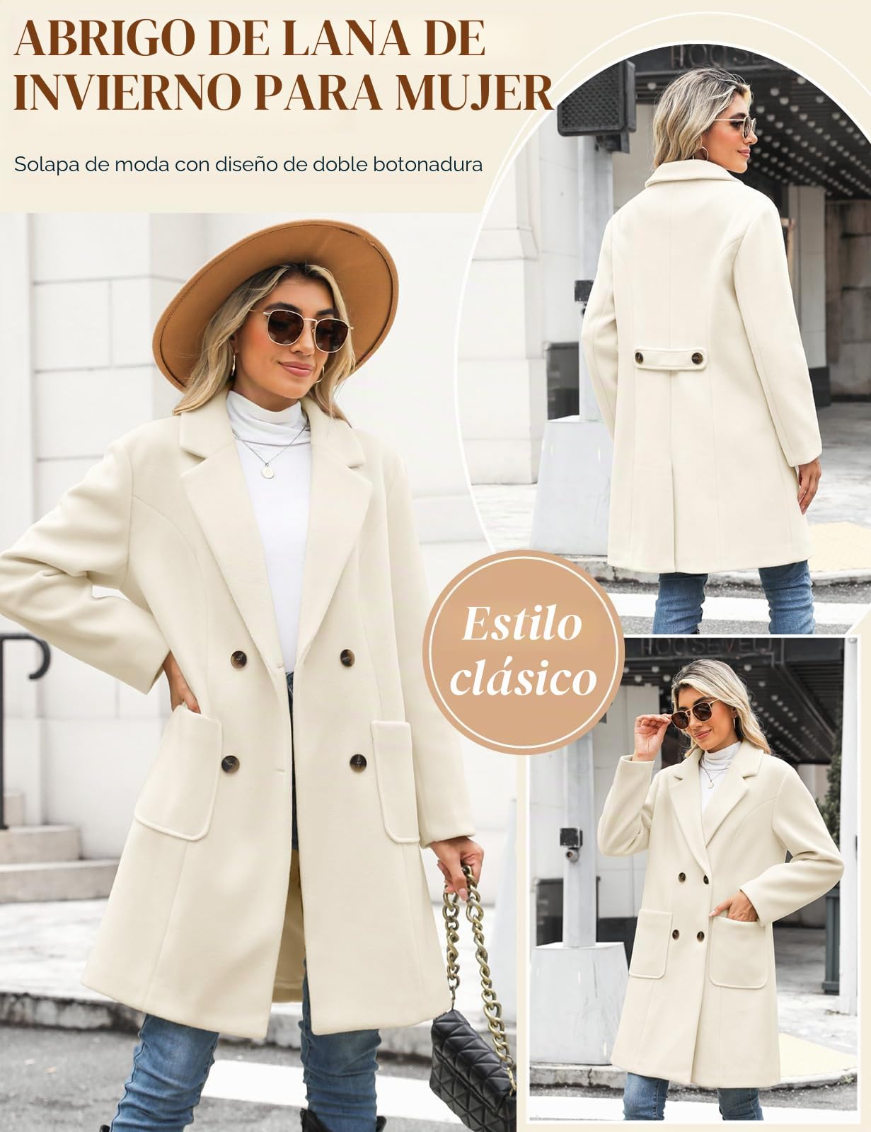CMTOP Abrigo Mujer Lana Cuello en V Solapa Abrigos Invierno Largo Térmico Chaqueta Otoño Invierno de Lana Chaquetas Recto Doble Faz de Elegantes con Bolsillos
