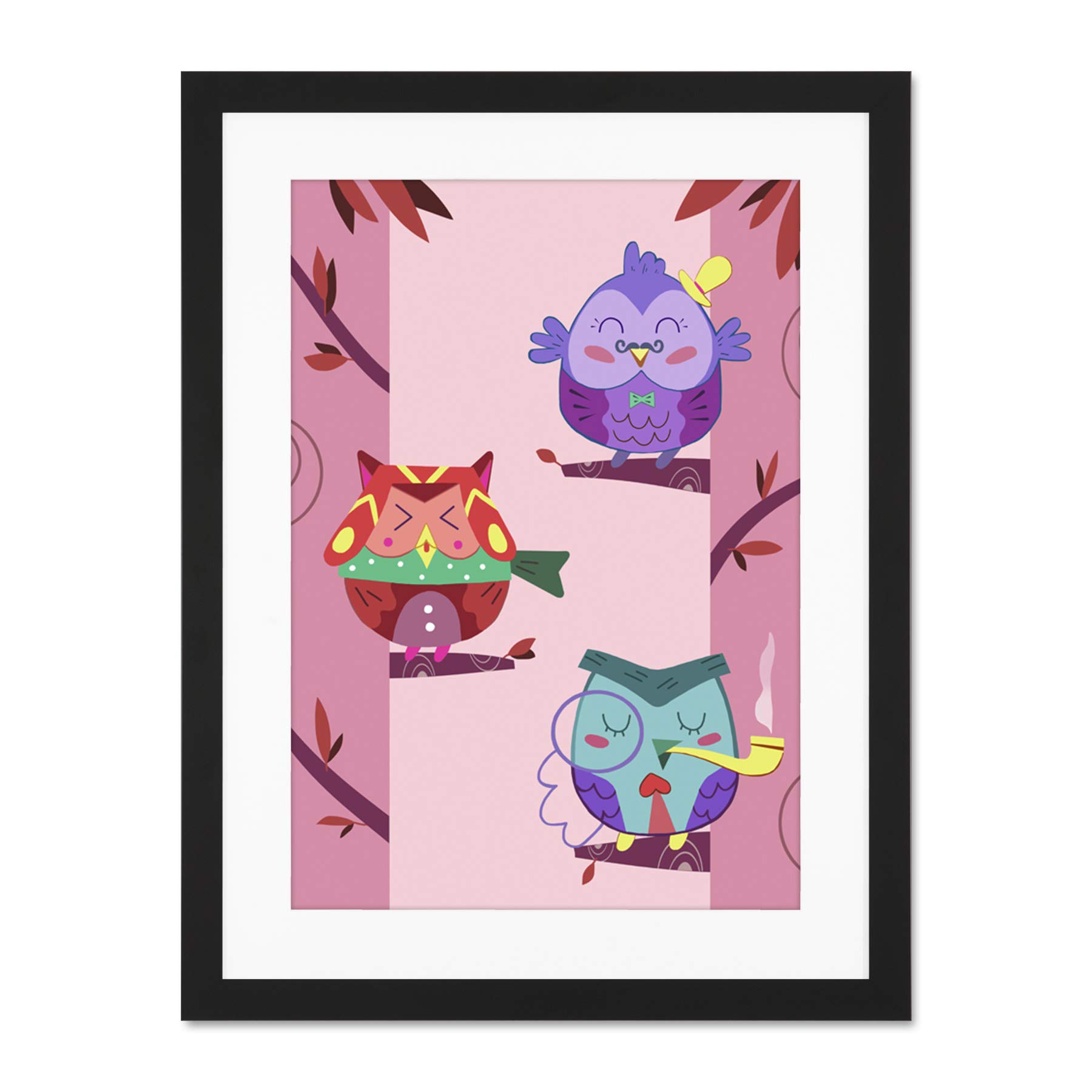 Wee Blue Coo Kawaii Owls Tree Large Framed Art Print Wall Poster 18x24 inch