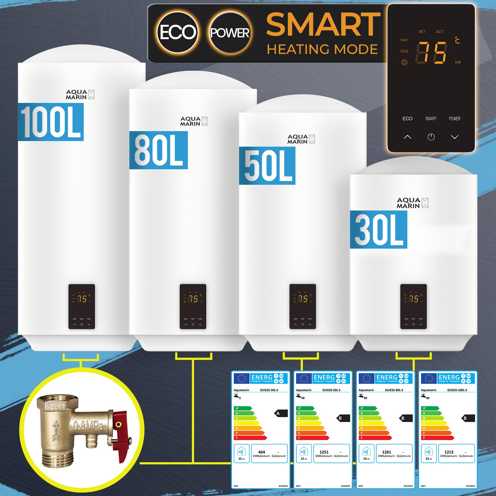 Aquamarin® Inteligentny elektryczny zbiornik ciepłej wody – 50 litrów, 2 kW, wiszący na ścianie, Smart, EEK B, emaliowany pojemnik wewnętrzny, inteligentny bojler, podgrzewacz wody, akumulator