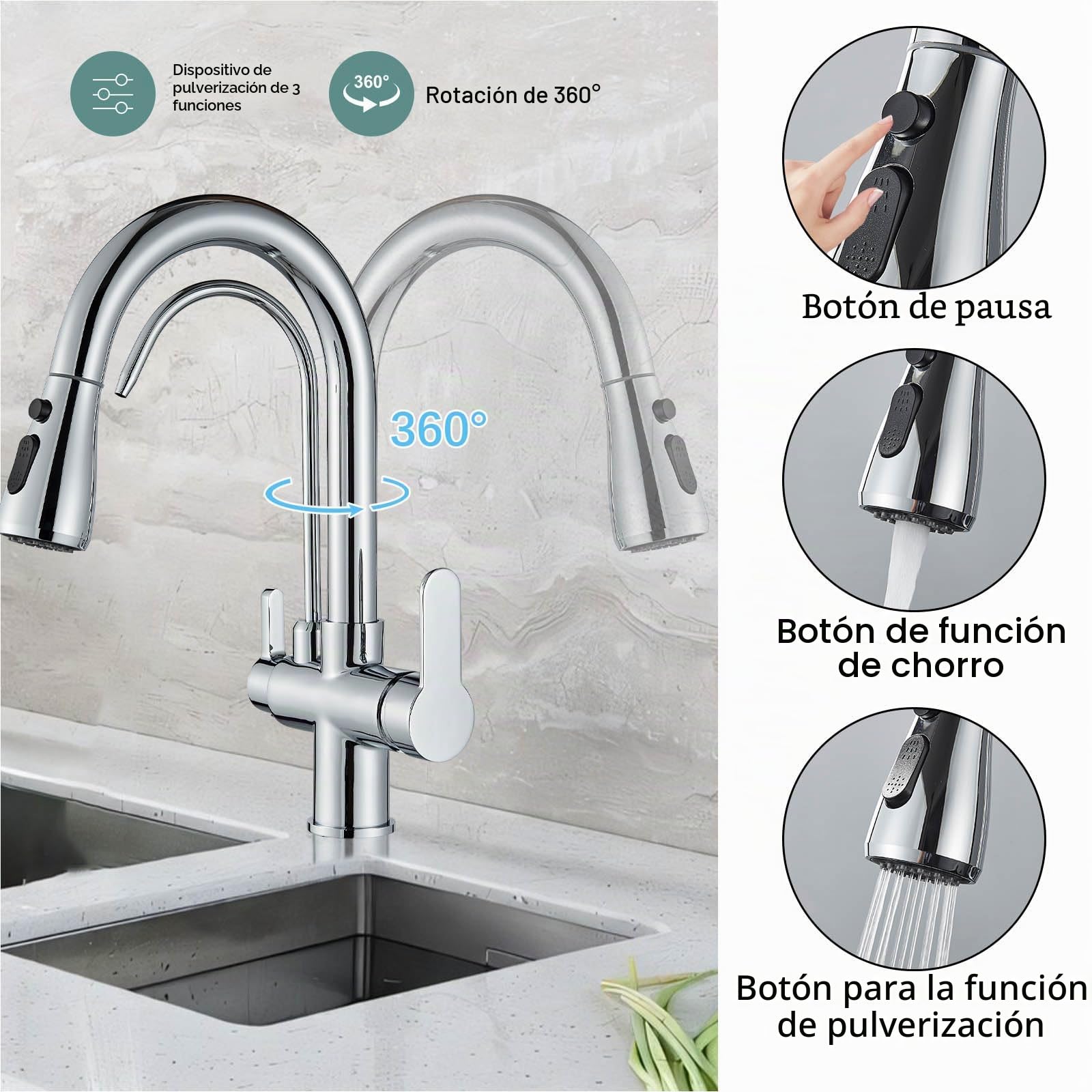 Grifo de cocina de 3 vías, en latón macizo, grifo de cocina de alta presión con alcachofa extraíble, mezclador extraíble para filtro RO (cromado)
