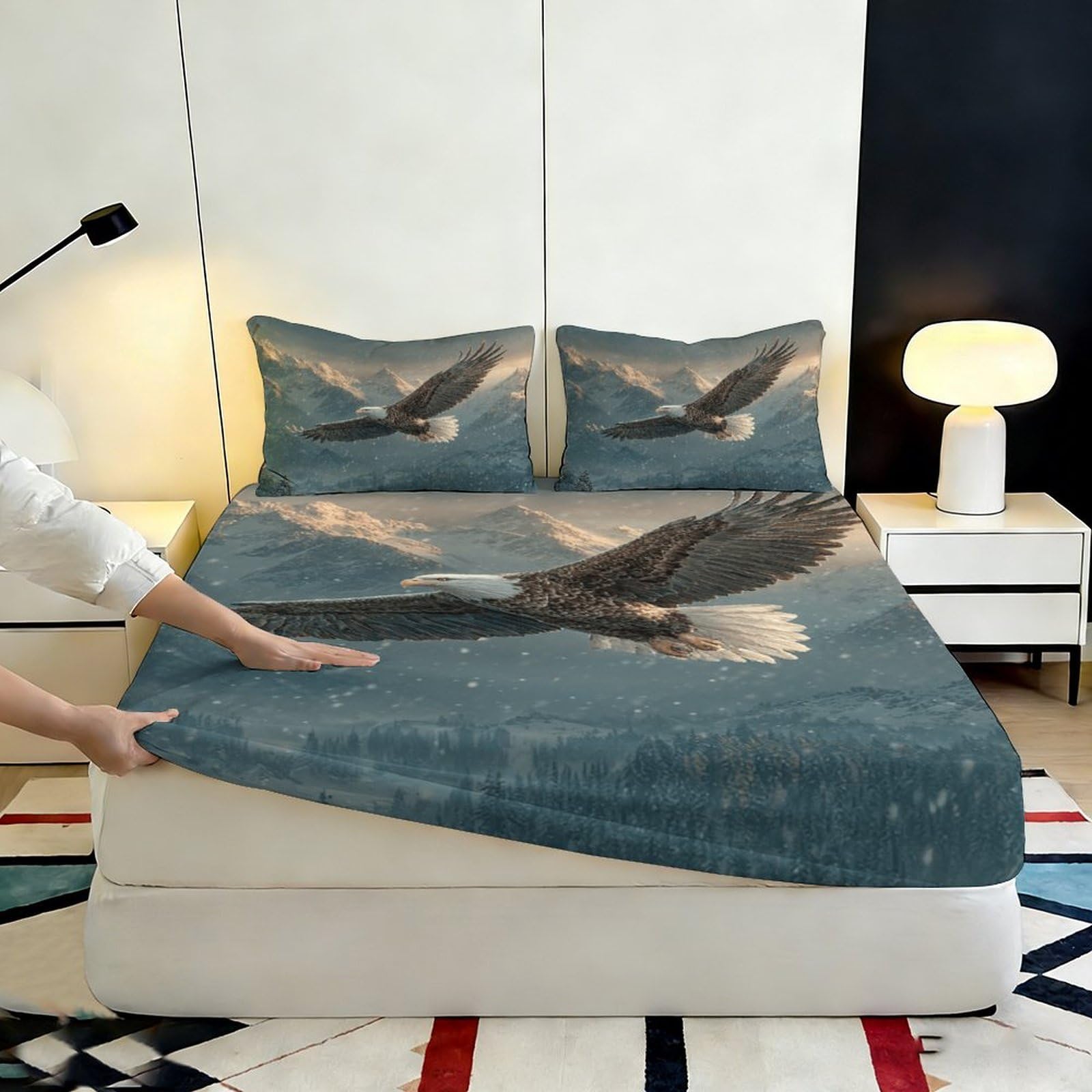 Lenzuolo con angoli con aquila stampato 3D, in microfibra, antiscivolo, decorazione per la casa | senza pieghe, coprimaterasso, facile da pulire, traspirante, lavabile, 180 x 200 x 25 cm