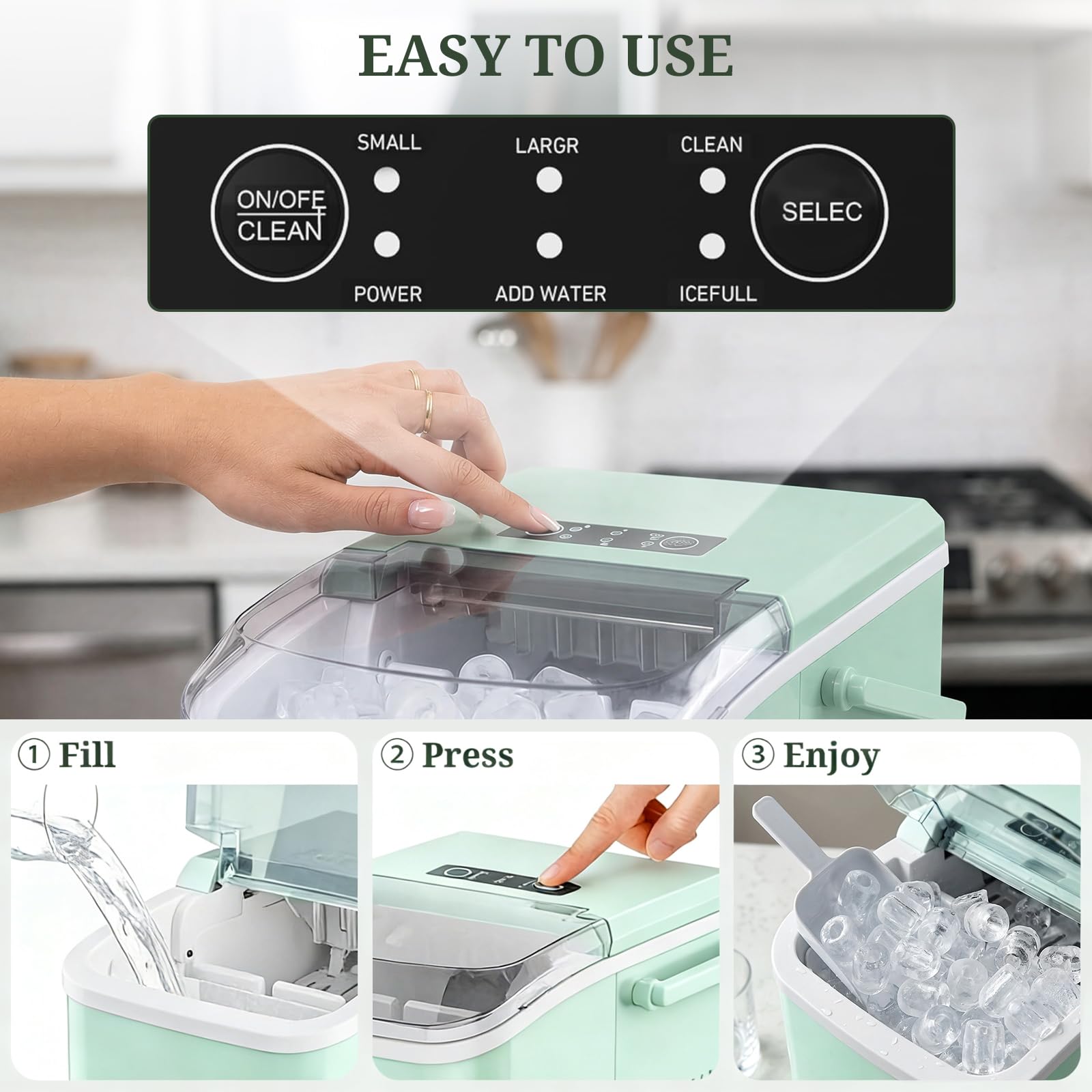 Ice Maker, Portable Ice Makers Countertop With Handle, Basket & Scoop, 26lbs/24hrs, 9 Bullet Ice Cubes In 6 Mins, 2 Ice Sizes, Self-Cleaning, Quiet Compact Ice Machine For Home Kitchen Party, Green on Fridge.com - View 6