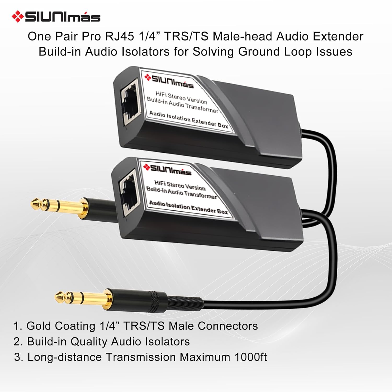 Pro RJ45 to 1/4” TS/TRS Male-Male Audio Converter Extender Box Build-in Audio Isolators Connecting Over Cat5 / Cat6 etc Quality Gold Coating 6.35mm Connectors (SIMRJ45-TS/TRS (M Connectors))
