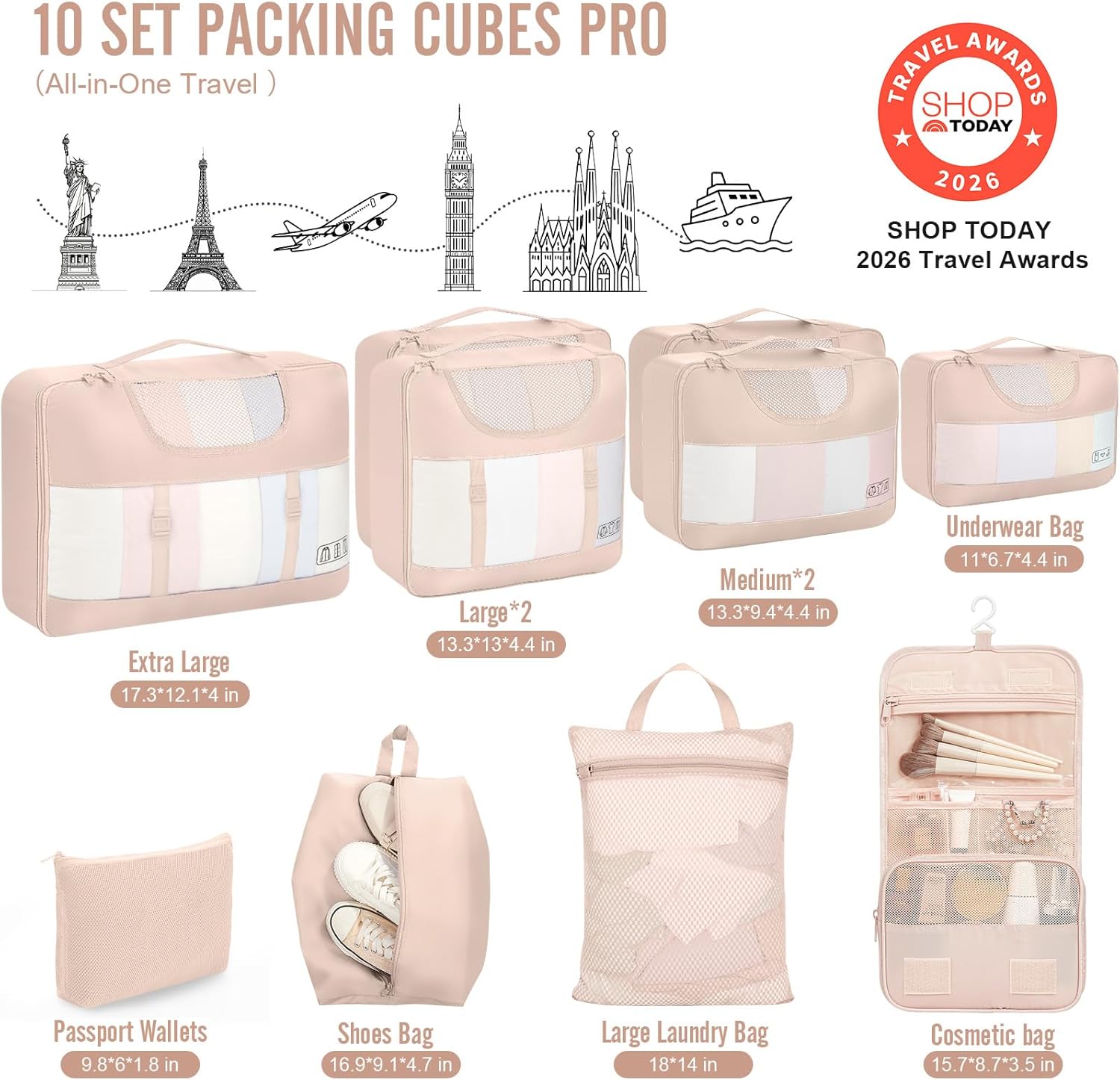 Veken 10 Set Packing Cubes for Travel, Beach Vacation Essentials Accessories for Cruise Ship, Suitcase Organizer Bags for Luggage with Hanging Toiletry & Shoe Bag, Birthday Gifts for Women Mom Her