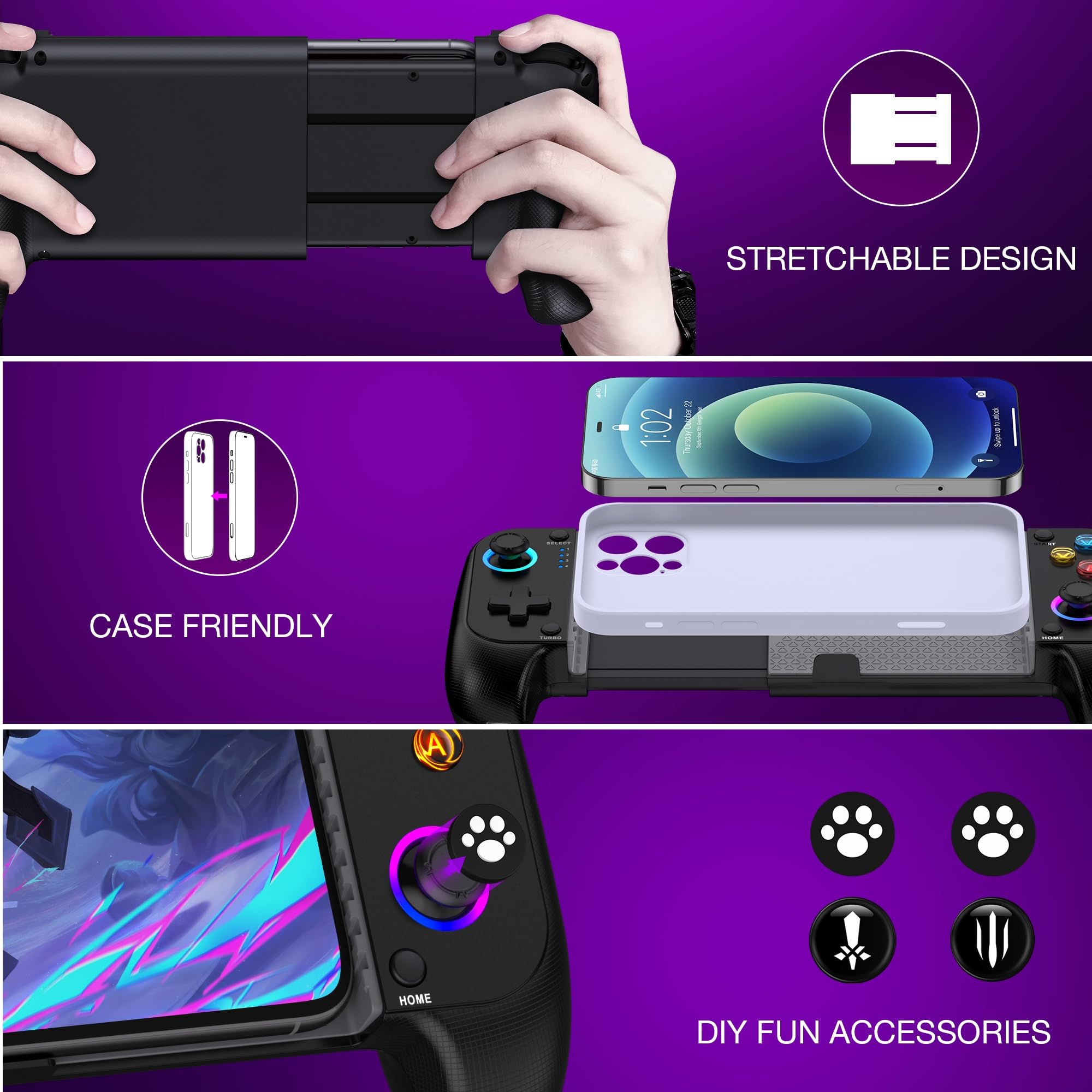 Controller mobile per iPhone, controller per smartphone per Android con joystick ad effetto Hall, controller mobile Bluetooth con supporto per PS Remote Play/Xbox Cloud/MFi Apple Arcade/Roblox