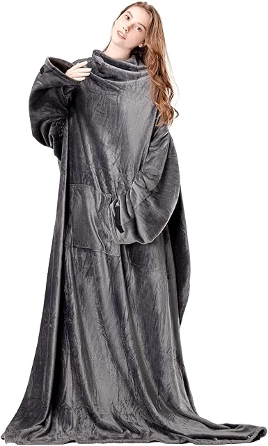 Wearable Blanket, Blanket Hoodie Soft Warm Snuggle Blanket with Sleeve and Pocket, Lightweight Cozy Fleece Blanket for Girlfriend, Ladies(Grey 170*200CM)