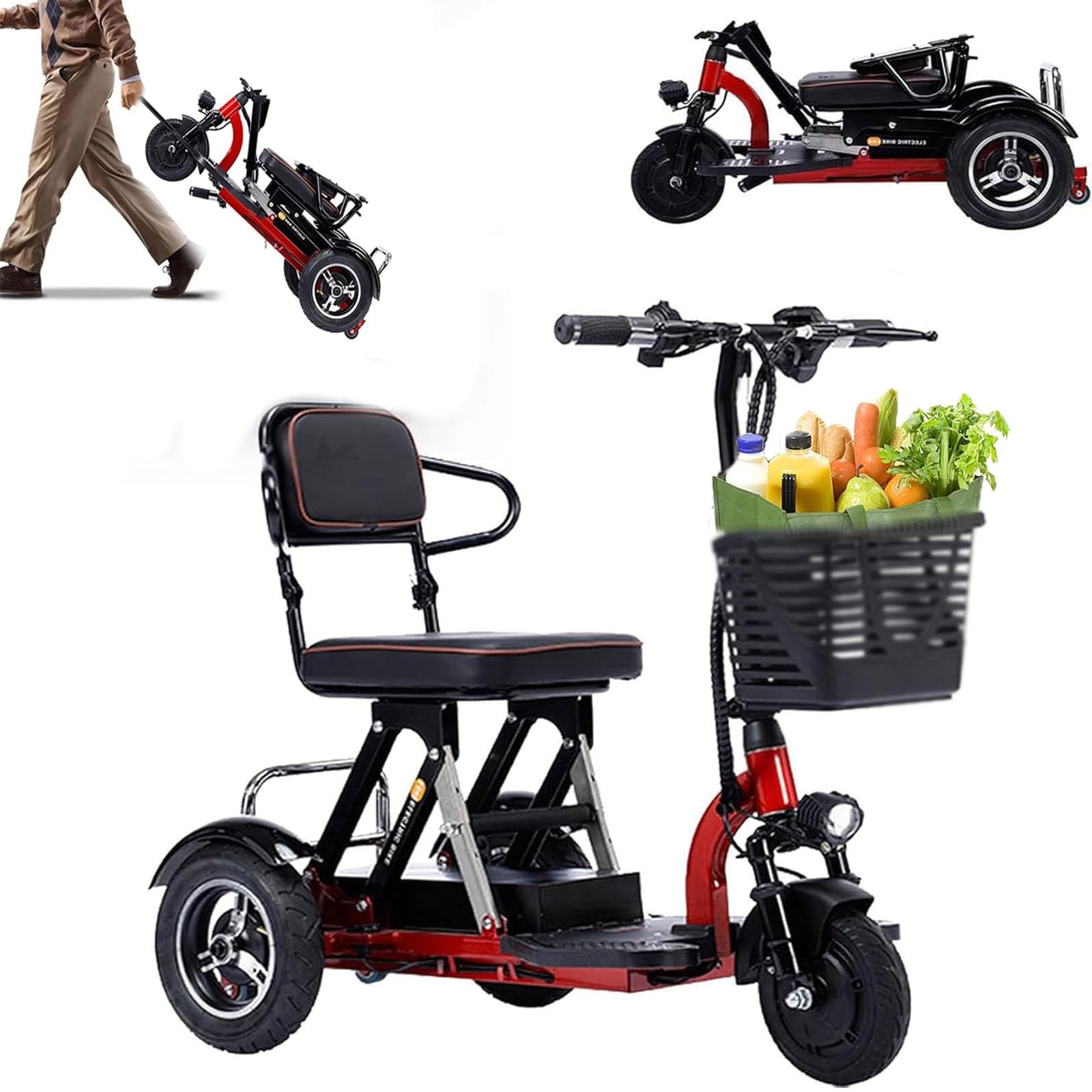 Scooters De Movilidad De Viaje de 3 Ruedas, Scooter Electrico Discapacitados Plegable, Triciclo Electrico Adulto con Cargador y Cesta