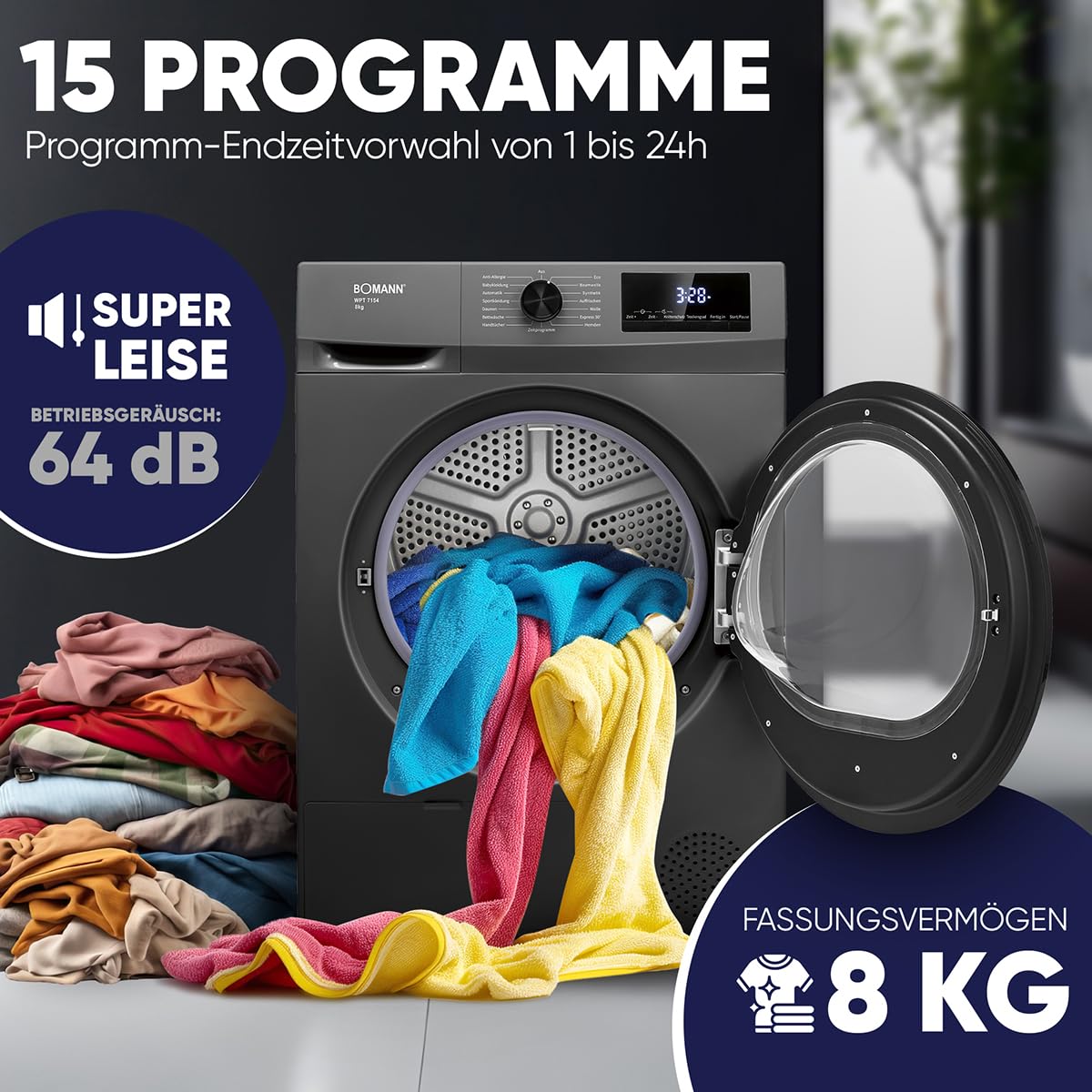 Bomann® Wärmepumpentrockner 8kg | kein Wasseranschluss nötig | Trockner m. Antiknitterfunktion | Wäschetrockner 15 Programme | Kondenstrockner | umweltfreundliches Kühlmittel R290 | WPT 7154 titan