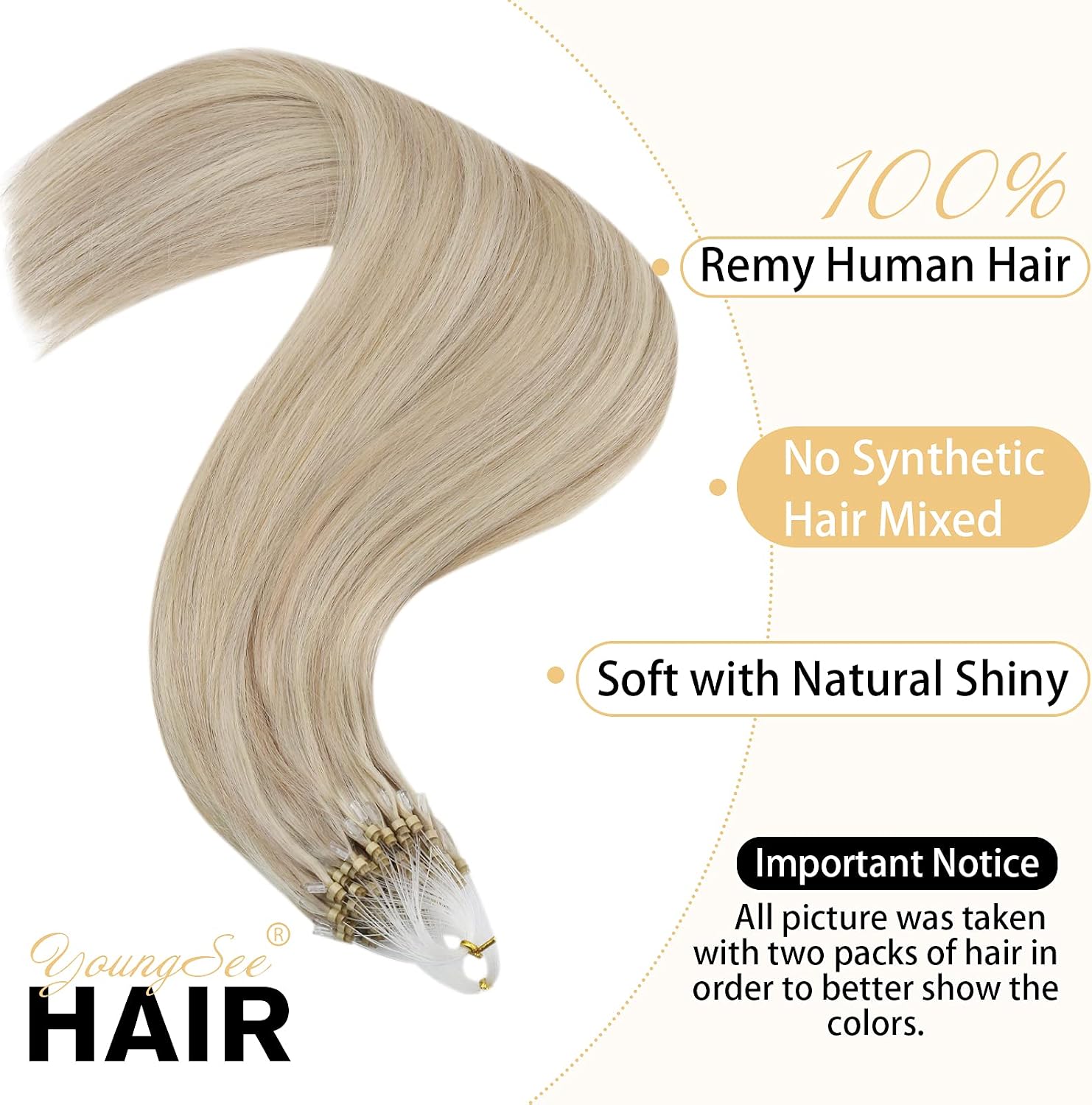 YoungSee 16inch Micro Loop Hair Extensions Highlight Micro Hair Extensions Real Human Hair Blonde with Ash Blonde Highlights Cold Fusion Pre Bonded Natural for Wedding Invisible Fishing Line 50s 50g - Image 3