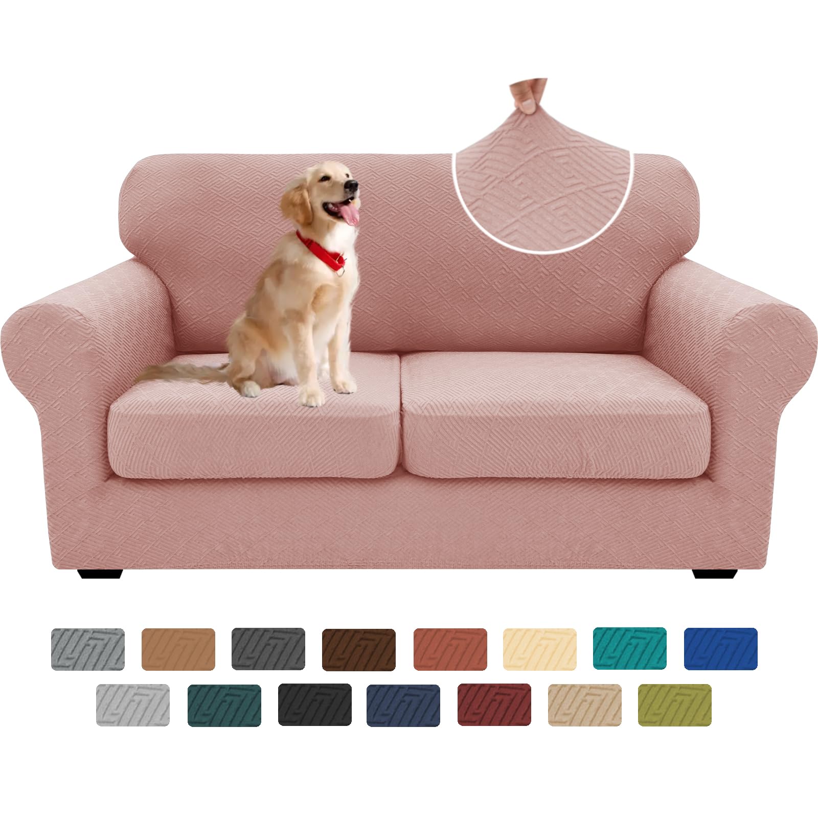 Newest 3 Pieces Couch Covers for 2 Cushion Sofa Super Stretch Loveseat Slipcover Pet Dog Universal Slip Cover Anti Slip Love Seat Furniture Protector (Dusty Pink, 55"-69")