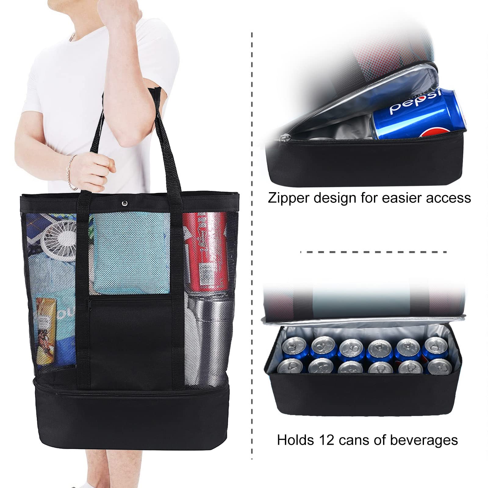 fiezkaa Sac de sport de plage en maille, taille XL avec fermeture éclair sur le dessus et poches supplémentaires pour plage, piscine, croisière, équipement de natation familial