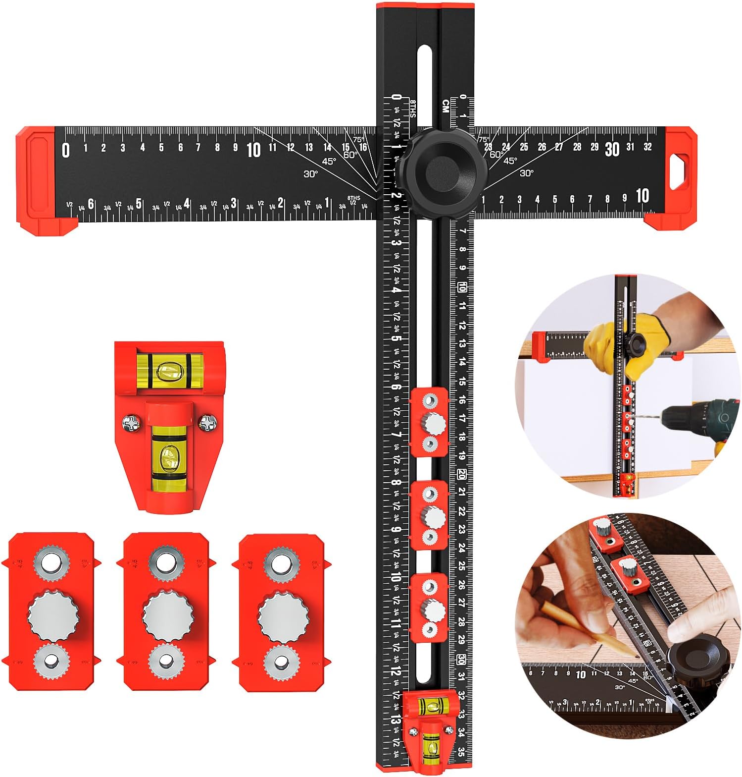 5-in-1 T Square Ruler - Multifunctional Drilling Positioning Ruler 35cm/14in Adjustable Angle Ruler,Cabinet Hardware Jig,for Precision Hole Punching Angle Measurement and Marking,Metric and Imperial