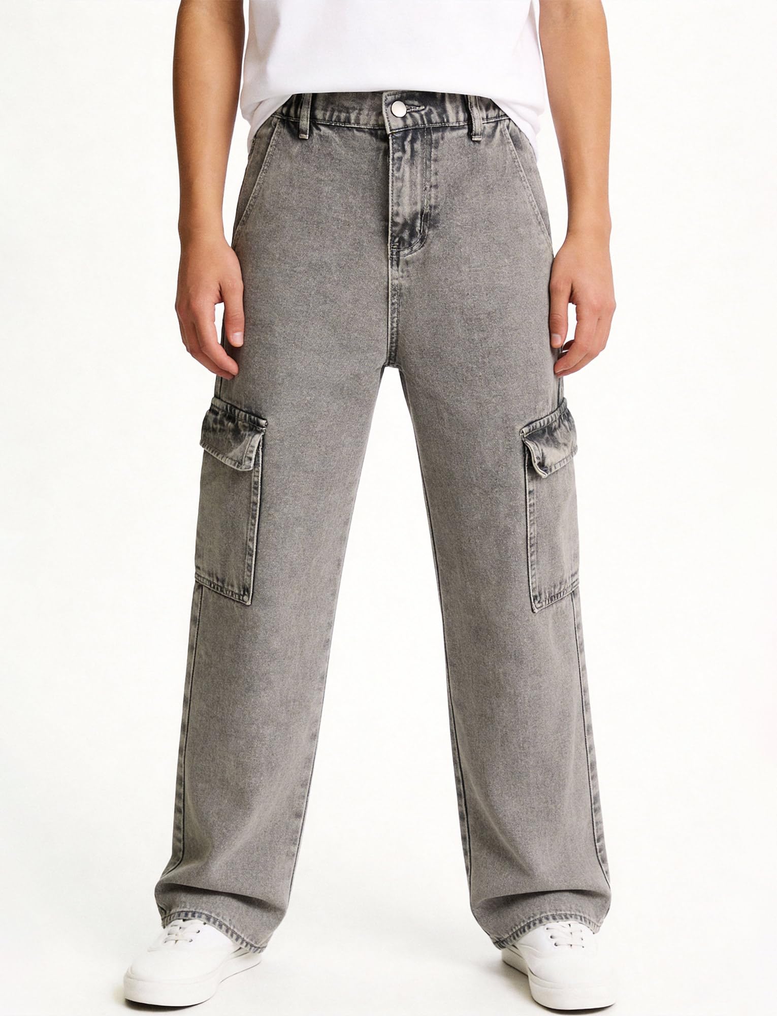 Jeans cargo da ragazzo con elastico in vita jeans larghi gamba dritta cerniera Fly Denim Pantaloni con tasche 13-16Y