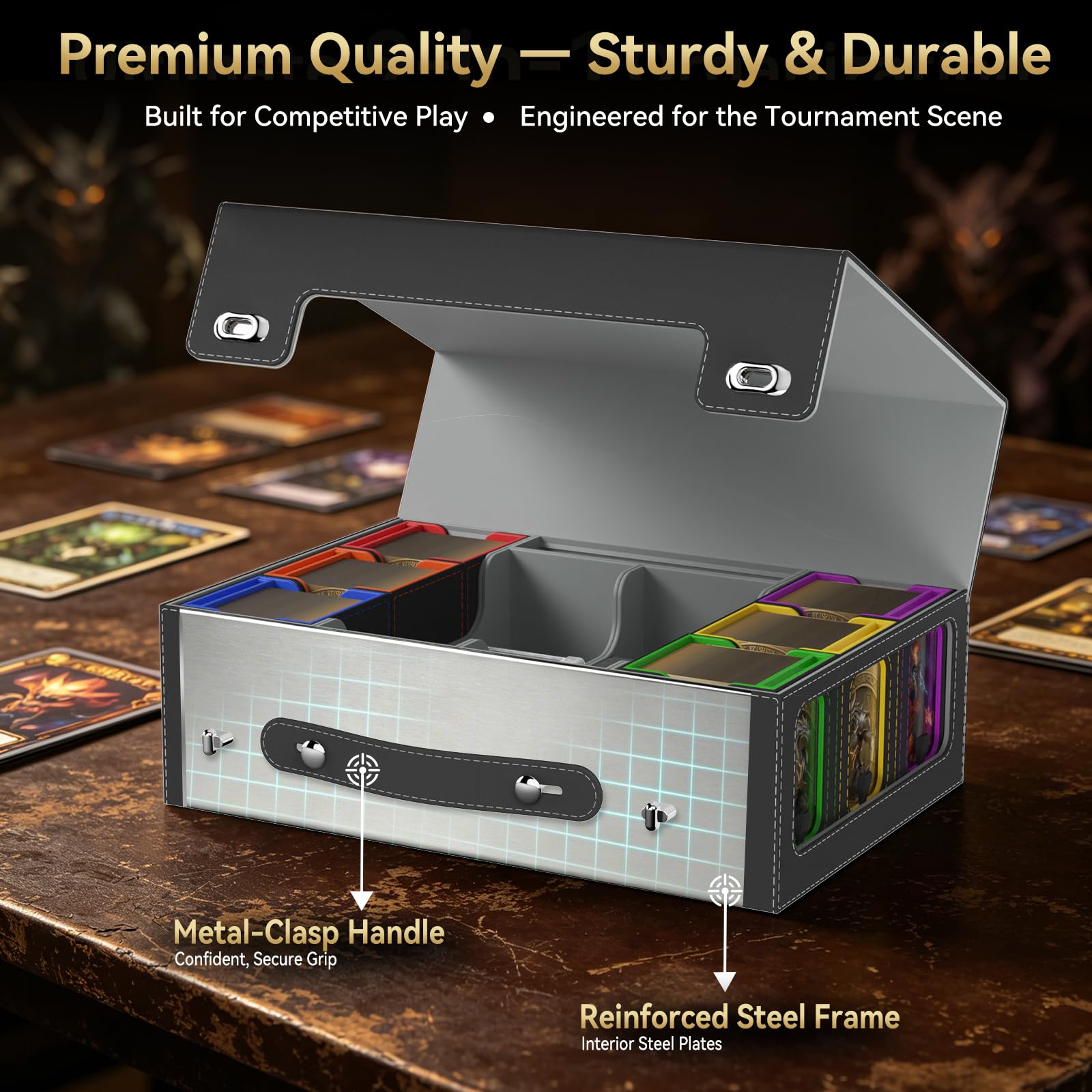 9in1 MTG Deckbox 6 Deck mit Tragbarem Griff,Commander Deck Box mit Display&WüRfelablage 2400+ Karten,Sammelkarten Aufbewahrungsbox mit35pt Magnetischen Kartenhaltern füR Top Loader Tcg Ptcg Sportkarte